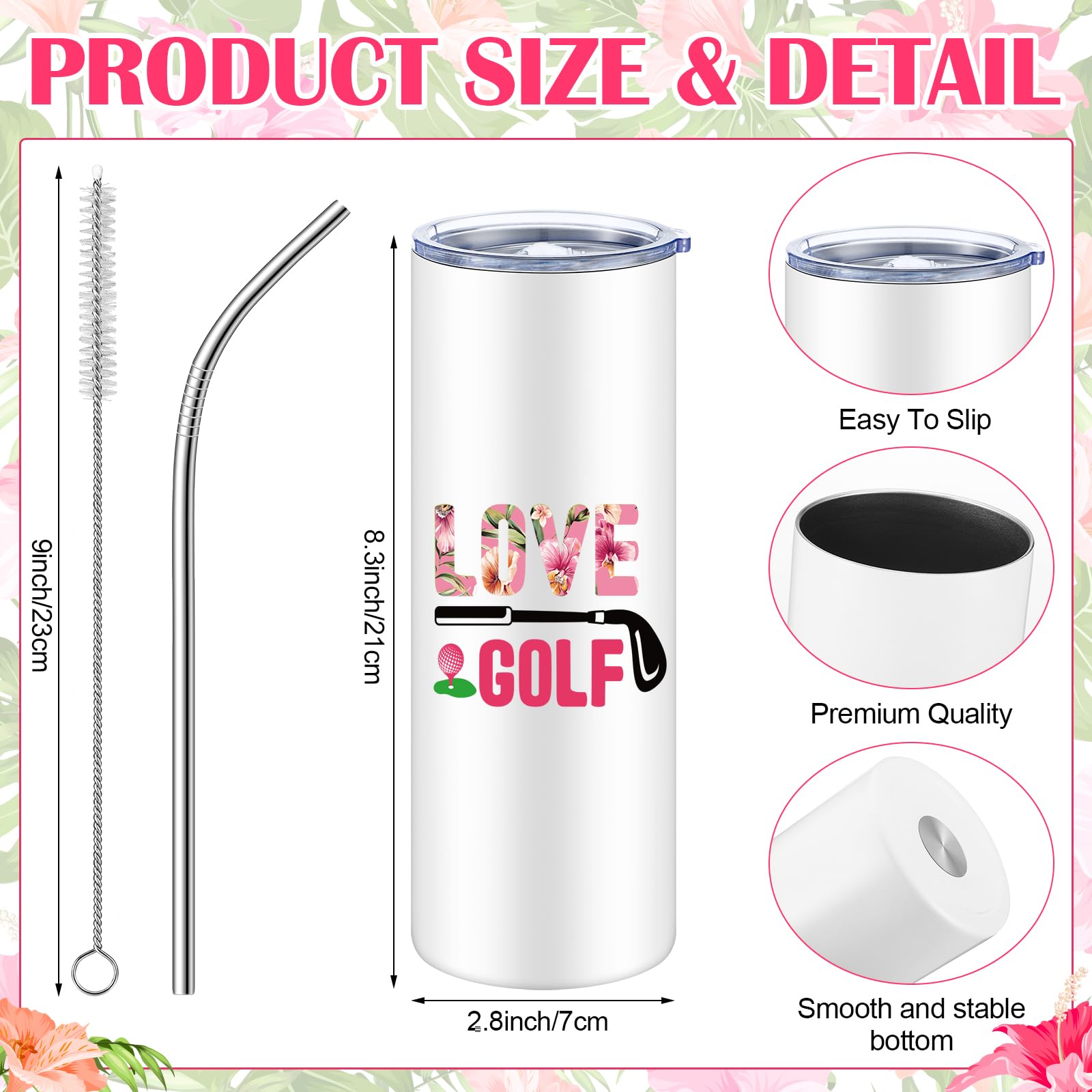 Skylety 6 juegos de regalos de golf para mujer, vasos de golf aislados de 20 onzas, vasos de golf de acero inoxidable para golfistas, accesorios divertidos para golfistas con tapa, popote y cepillo