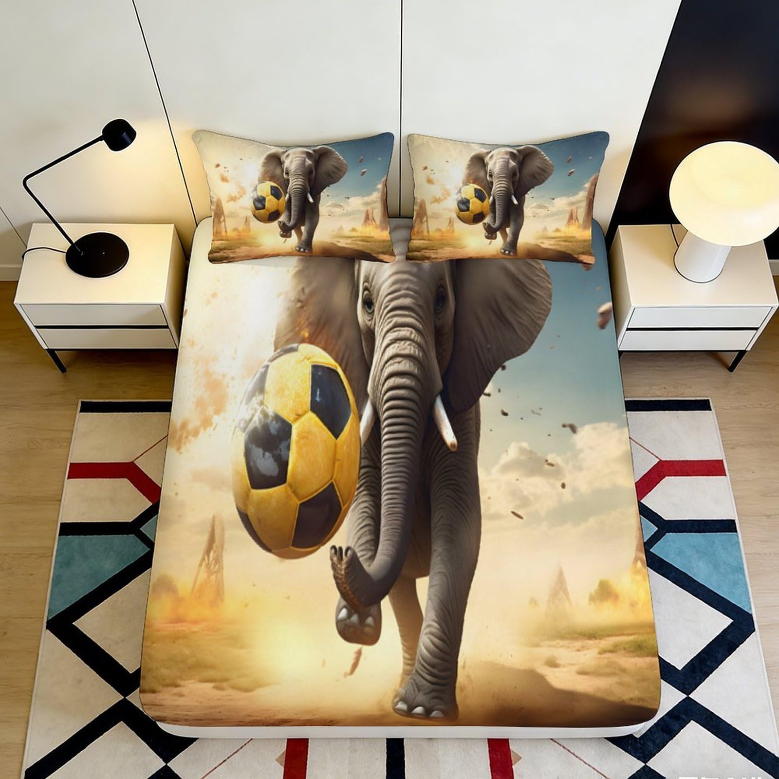 3D Printed Elephant Soccer Fitted Sheet Microfiber Deep Pocket Bedroom Bedding Elephant Mattress Fitted Cover Non-Slip Full Wrap Washable 90x200x25cm