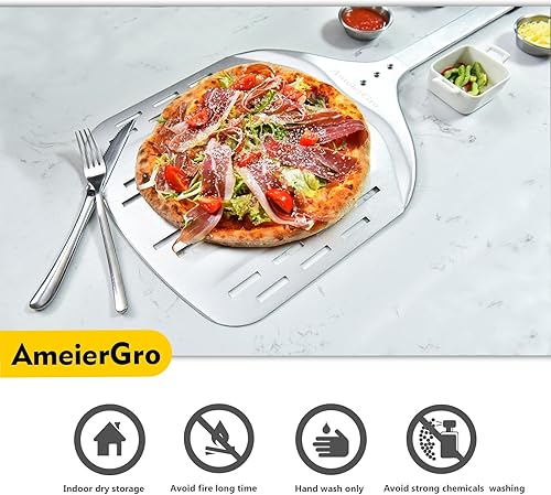 Miniatura 6 de Pala de pizza perforada de 12 pulgadas, mango largo (31 pulgadas), espátula de pizza de aluminio anodizado, accesorios para horno de pizza para