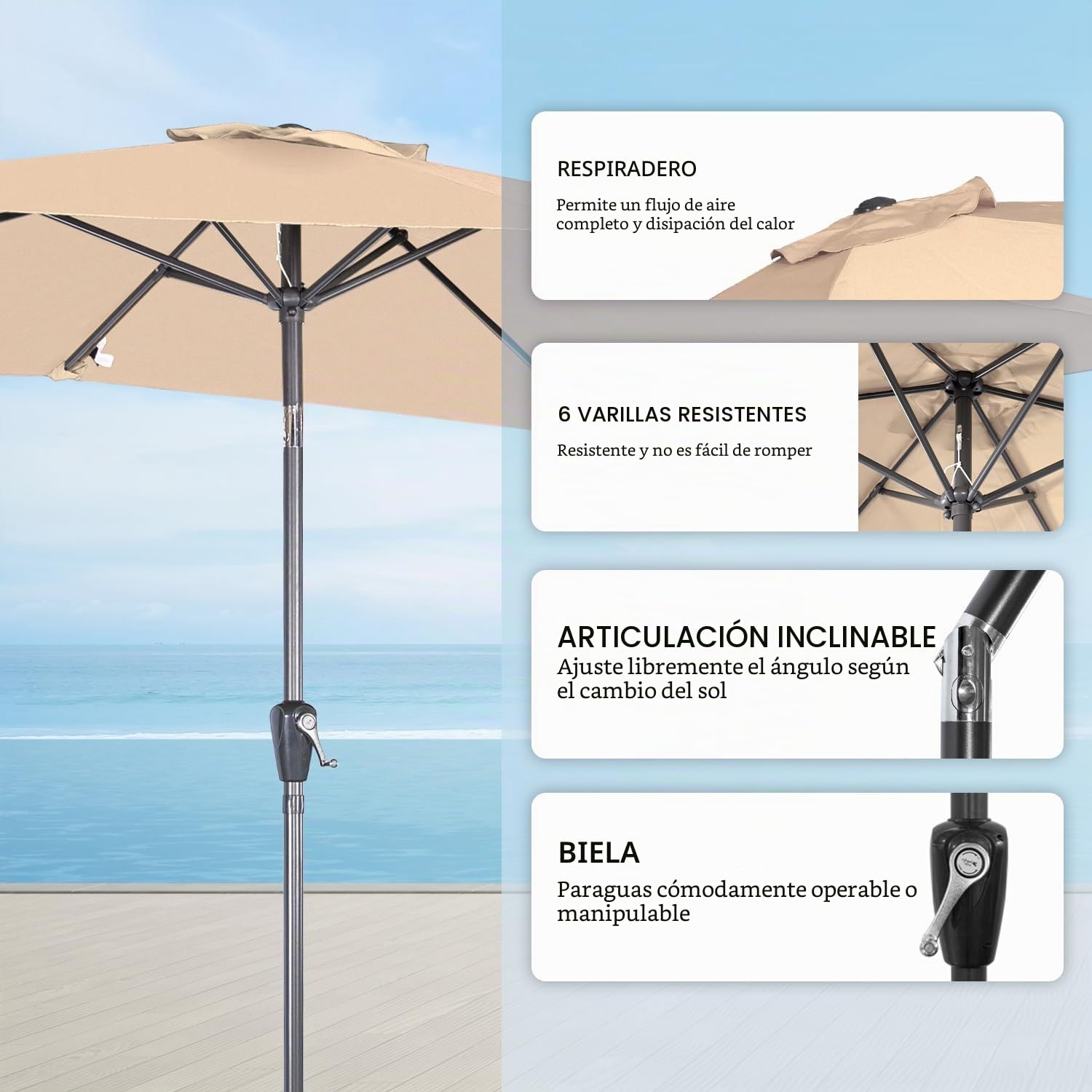 Angel Living 2x3M Sombrilla Parasol de Acero y Poliéster, Parasol Inclinado con Manivela, Mástil Acero 38mm (Beige)