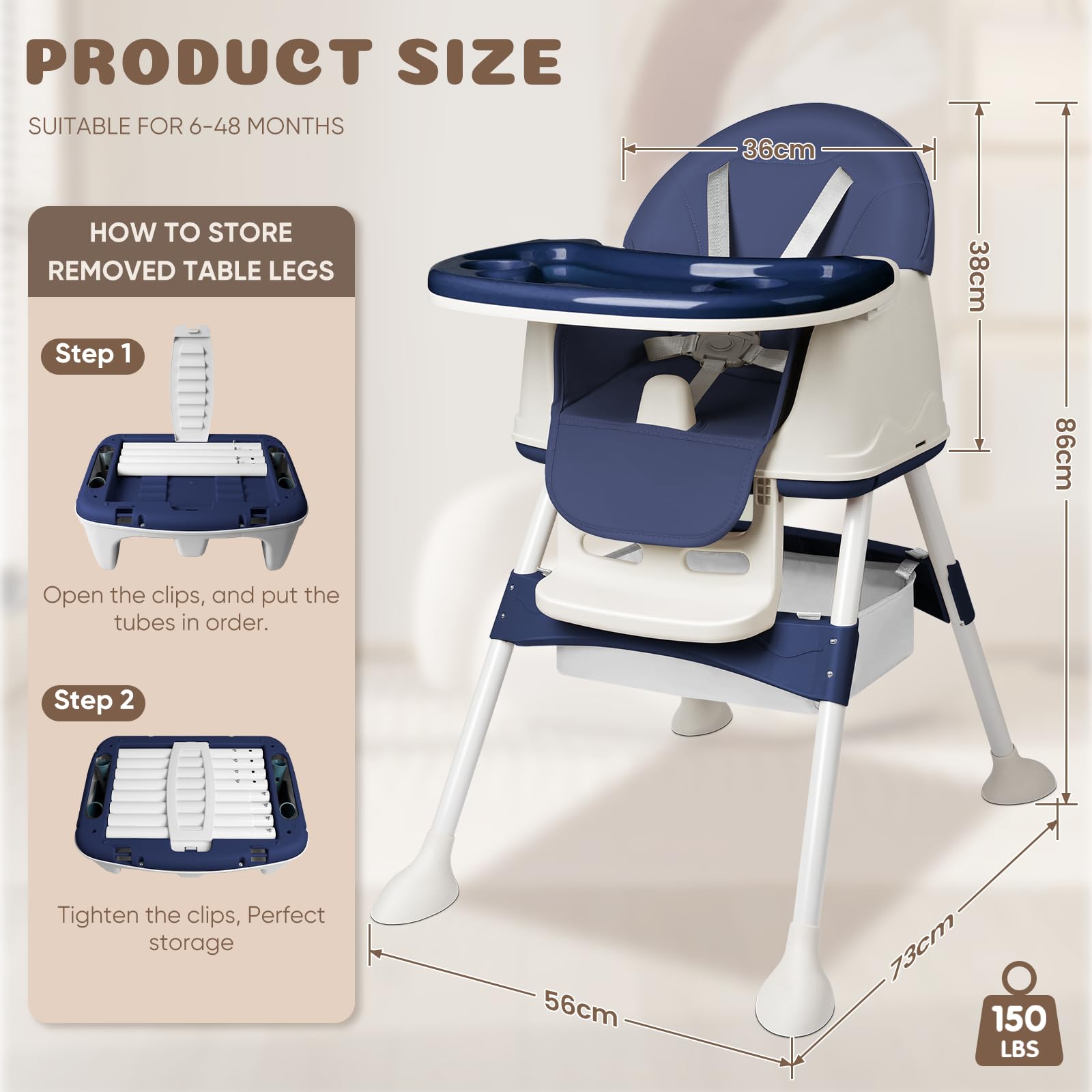 Trona plegable 4en1, Reclinable y regulable en altura, con bandeja extraíble y ruedas, Trona ajustable con cinturón de 5 puntos, Azul