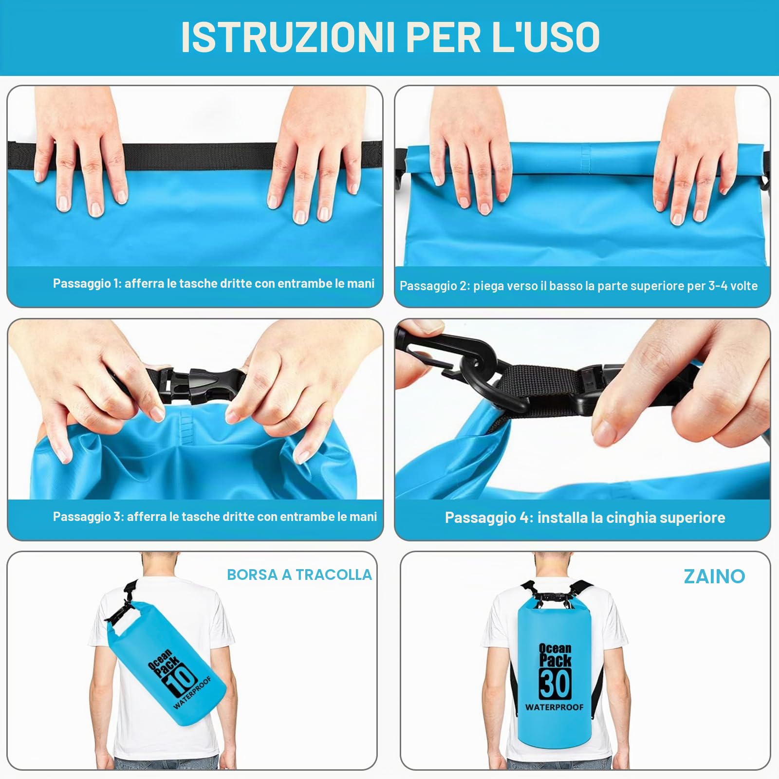 Borse Impermeabili, 5L/10L/20L/30L Dry Bag Sacco Impermeabile con Tracolla Regolabile, Sacche Stagne Impermeabili per Sport Acquatici, Campeggio, Rafting, Kayak, Pesca, Escursionismo