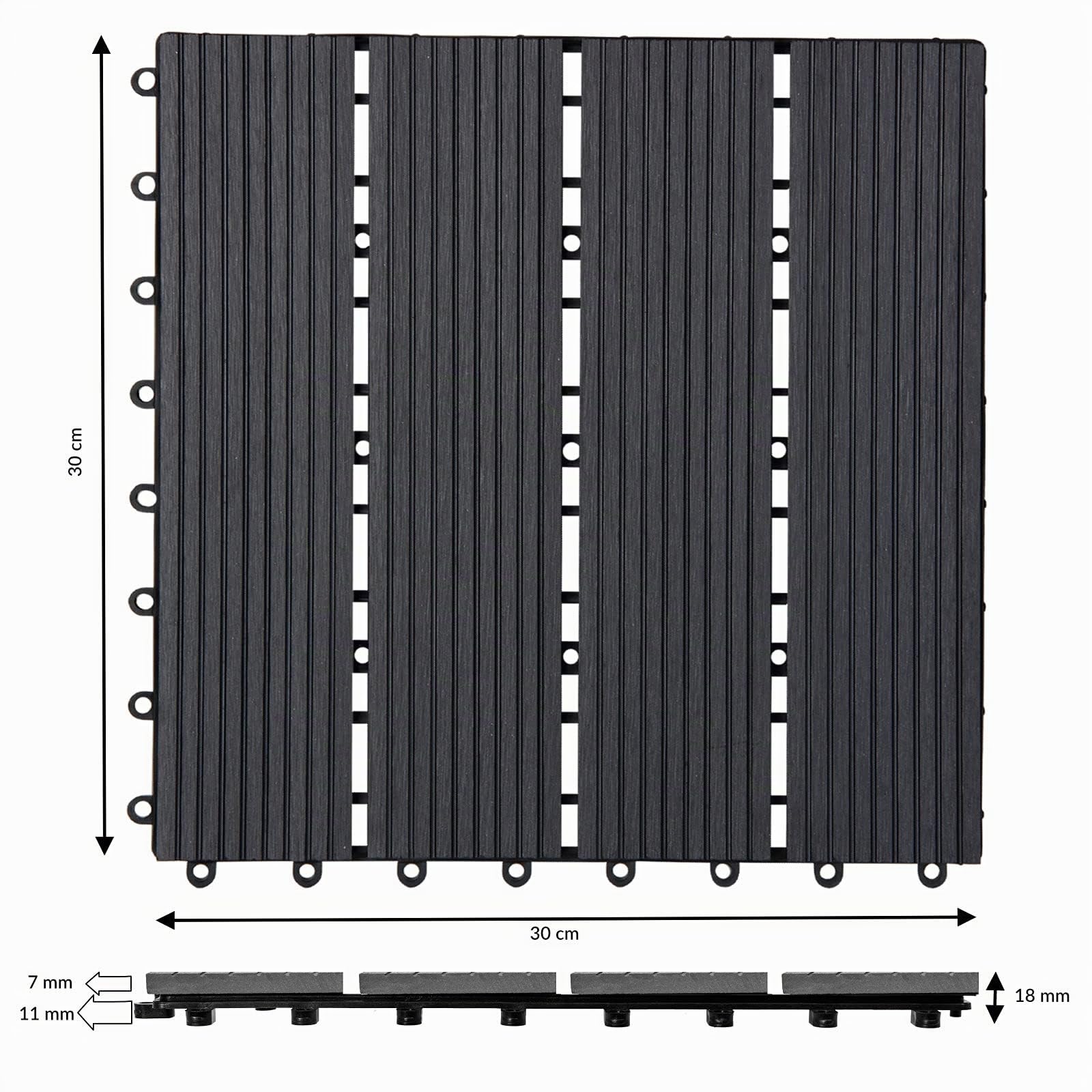 CASARIA® Set Baldosas Jardín Exterior WPC 30x30cm Losetas Madera Antideslizantes con Drenaje Suelo Terraza Balcón Sistema Click Aspecto Madera 4 Tablones Resistente a la Intemperie Antracita 1m²