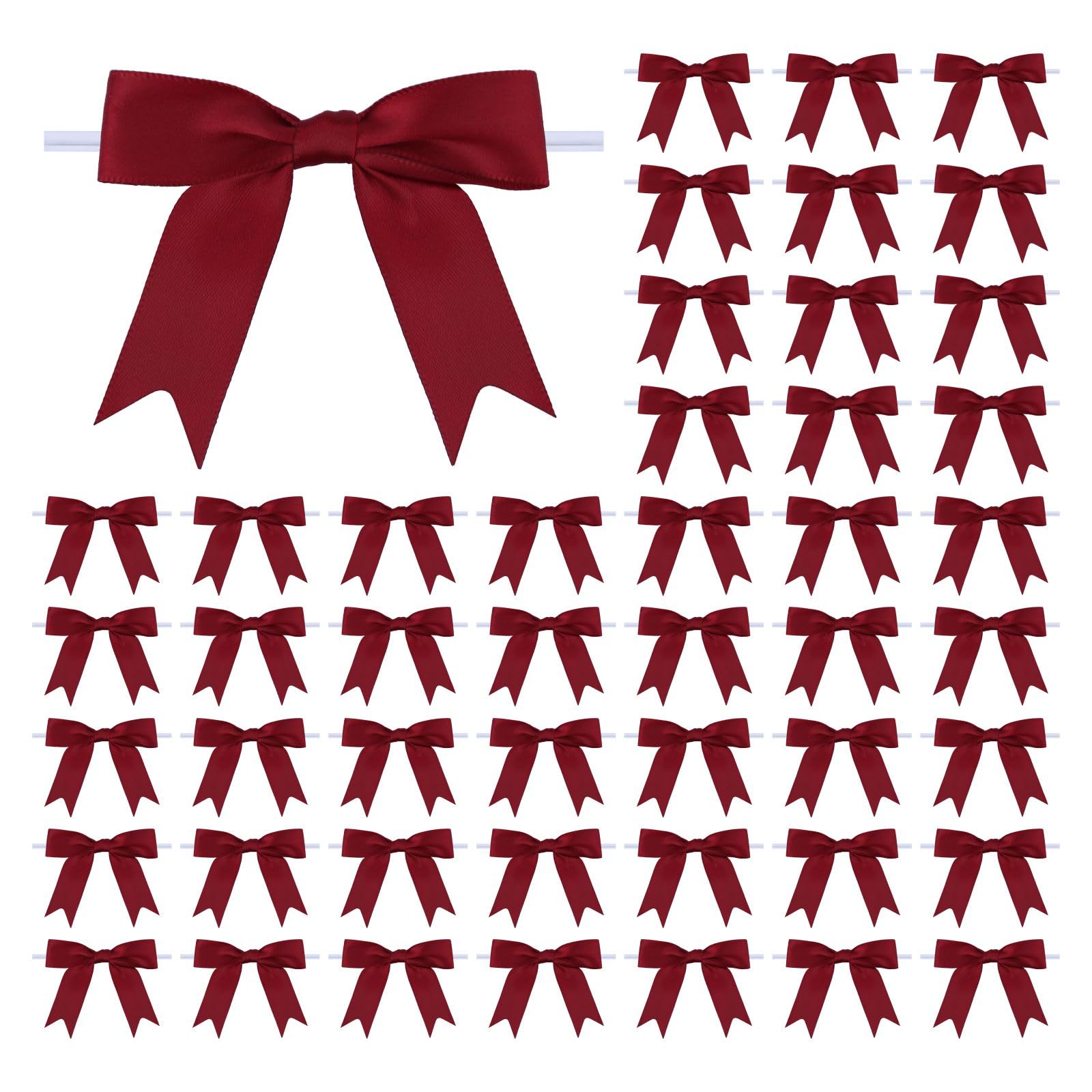 Meseey 50 Pcs 3 Inches Twist Tie Satin Ribbon Bows Rust Red Pretied Premade Craft Bows for Treat Bags Gift Wrapping Basket Wedding Baby Shower