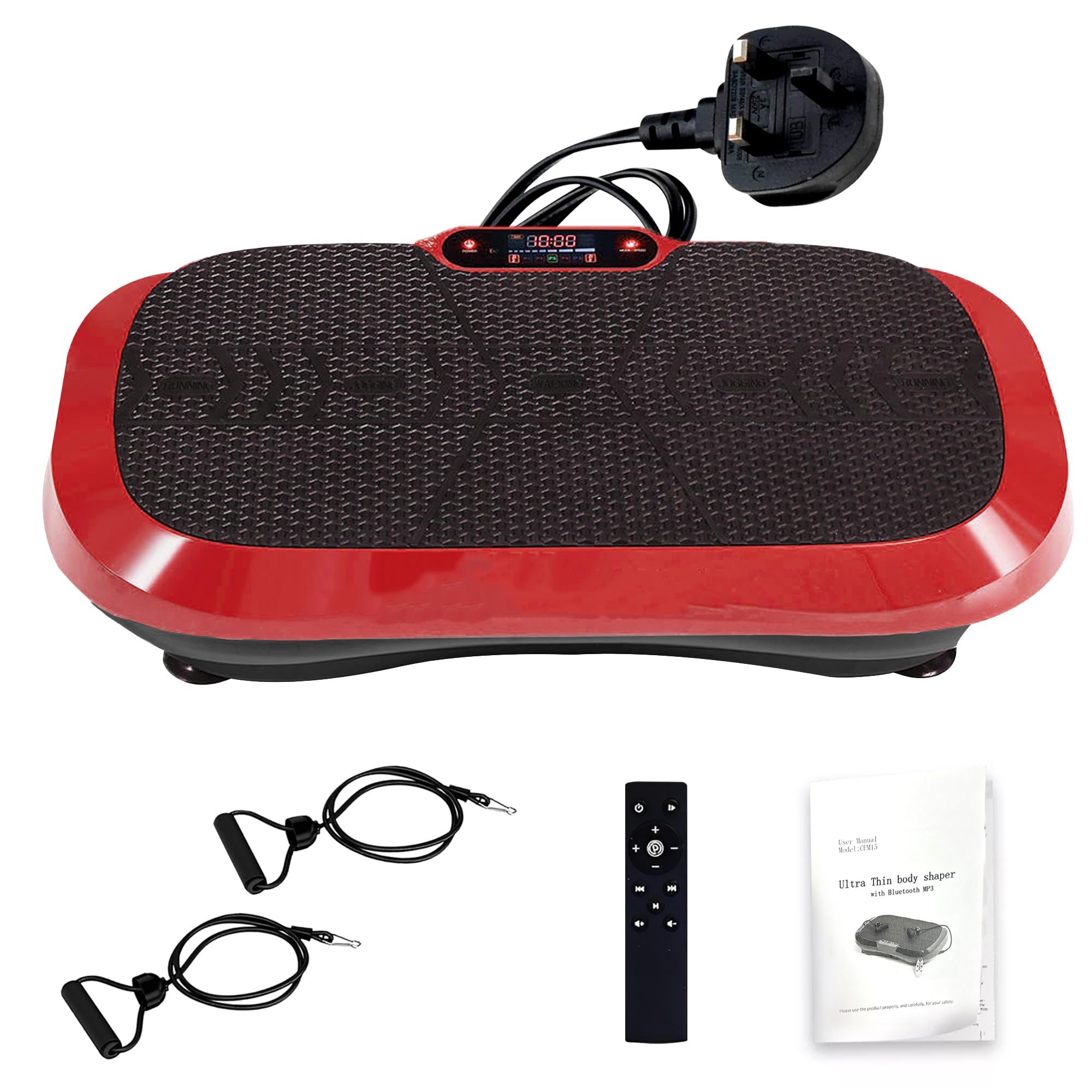 MAXSTRENGTH Pedana vibrante per esercizi, 180 livelli di velocità, 5 programmi automatici, colore nero e rosso, piattaforma fitness con bande e altoparlante Bluetooth, capacità 150 kg, grande 67 × 35