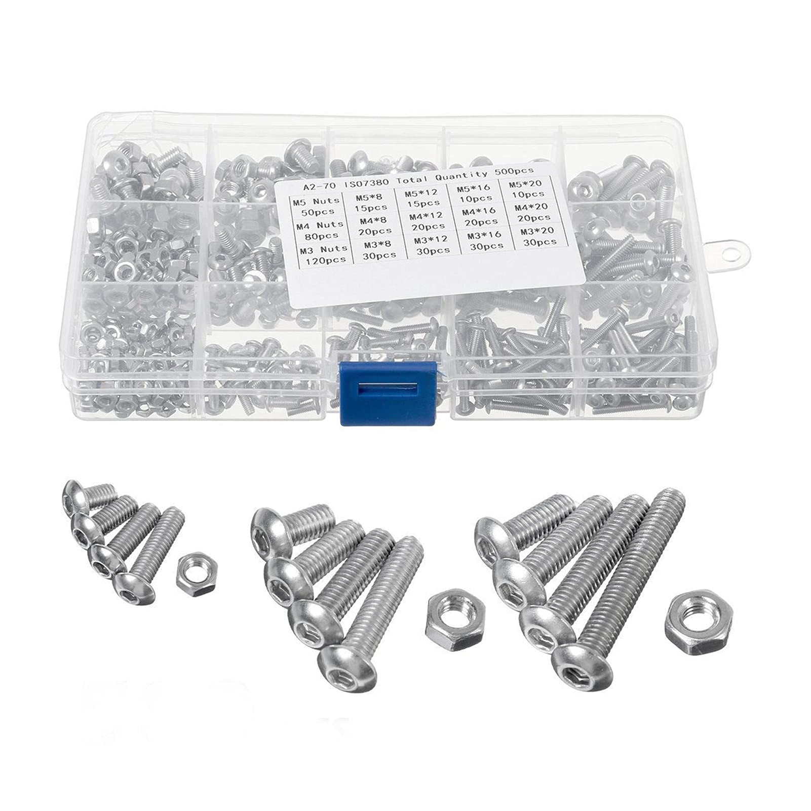 yaoqijie 500/ 1080pcs M2 M3 M4 M5 Juego de tornillos de zócalo hexagonal de acero al carbono Tornillos de cabeza redondos planos Tornillos de tornillos y tuercas Kit de surtido con caja de almacenami