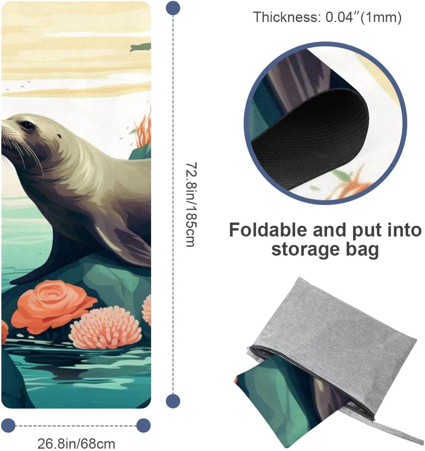 Yoga Towel, Sea Lion Pattern Non Slip Sweat Absorbent Hot Yoga Mat Towel for Hot Yoga, Pilates and Fitness - 72.8" x 26.8"