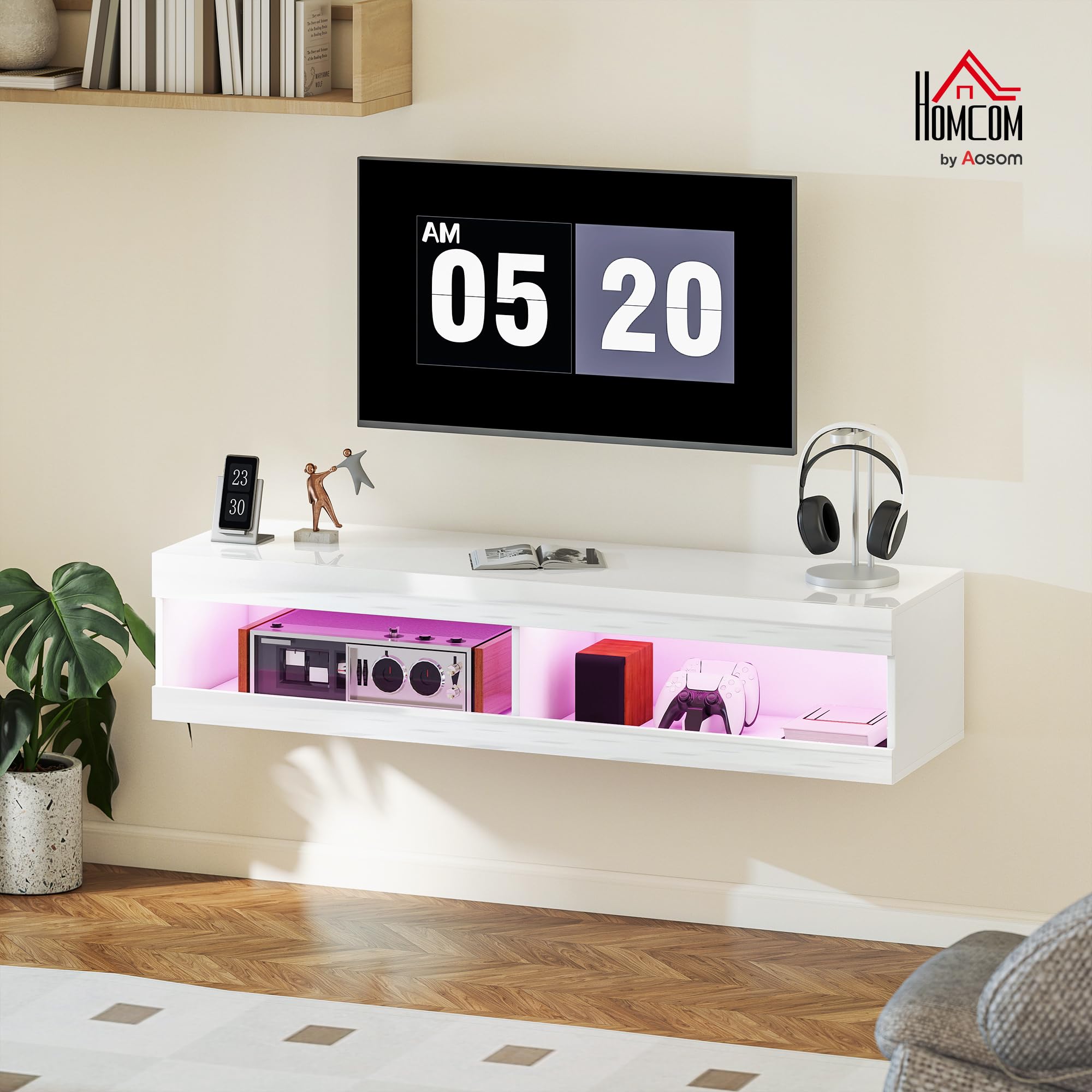 HOMCOM Mueble de TV Suspendido con Luces LED, Compartimentos y Orificios Pasacables, Mueble de TV para Salón con Control Remoto para Televisión 55-60 Pulgadas, 140x40x30 cm, Blanco Brillo