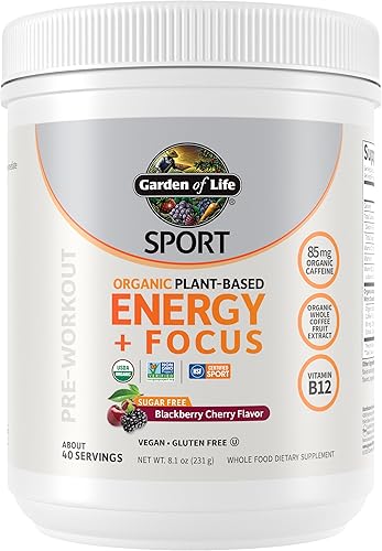 Garden of Life Sport - Polvo orgánico a base de plantas Energy + Focus para antes de entrenar, sabor zarzamora. Preentrenamiento limpio con 3 oz de