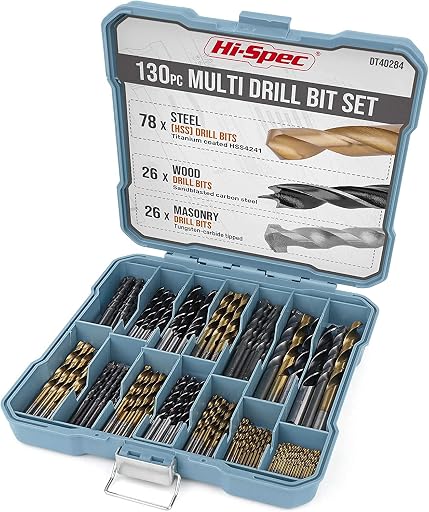 Hi-Spec Drill Bit Set Multi SAE - 11 Sizes 1/16in to 3/8in - HSS Titanium | 130pc, 1/16in-3/8in, faster bit changes, labeled storage, cleaner drilling and driving, portable case, workshop-ready layout