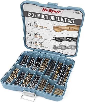 Hi-Spec 130pc Multi SAE Drill Bit Set. 11 Sizes 1/16in to 3/8in. Metal, Wood, Plastic, Dryall, Brick & Concrete Drilling. HSS Titanium, Masonry & Brad Point Steel Bits All in a Tray Case