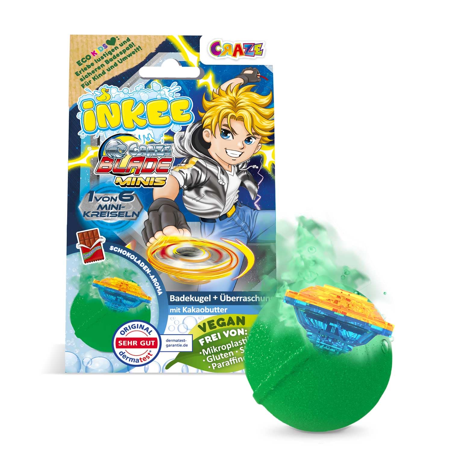 INKEE Surprise Bath Bomb Blade - Bath Bombs for Kids with Spinning top Inside, Collectible Mini Spinner, Chocolate Aroma, Red or Green, 100 g Single Pack - Toy for 3 Year Old Plus
