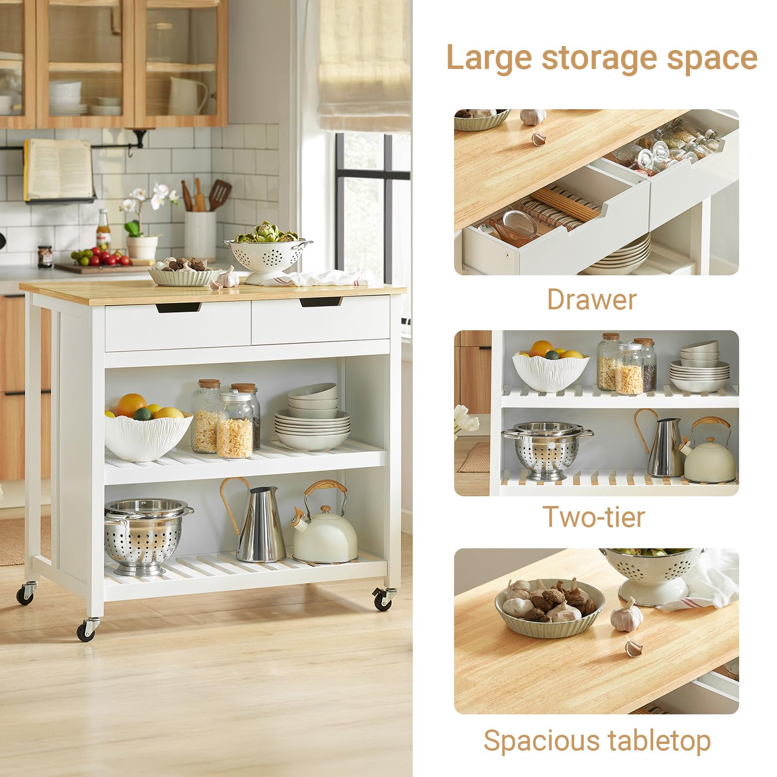 SoBuy Mobile Cucina Salvaspazio Carrello Cucina con Ruote Credenza Cucina Mobiletto Cucina Dispensa Isola Cucina Mobile Cucina con Cassetti Piano in Legno Bianco-Naturale 98x94x58 cm FKW74-WN