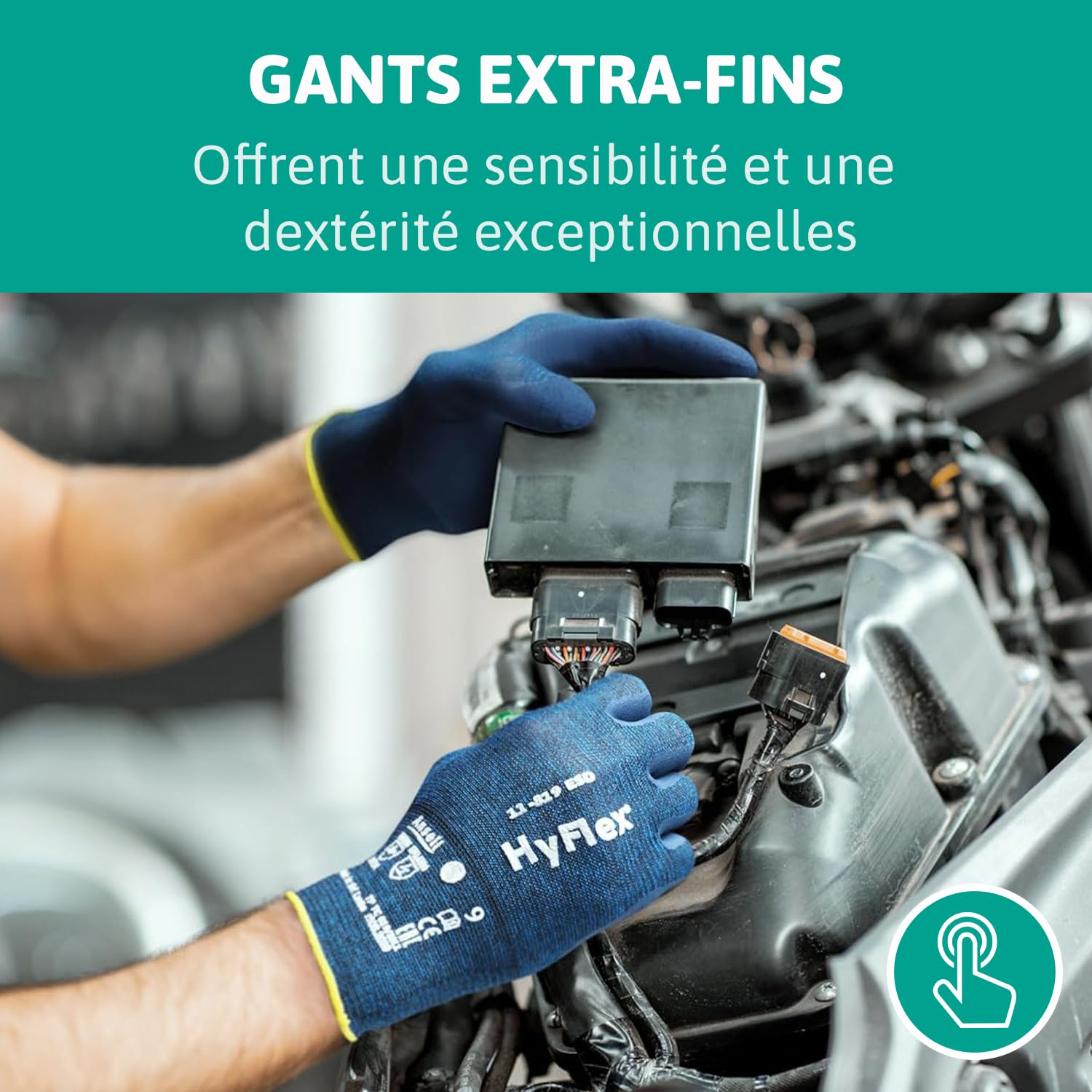 Ansell HyFlex 11-618, Gants de travail L pour manipulations de précision, Revêtement PU, Compatibles écran tactile, Bleus, 12 paires