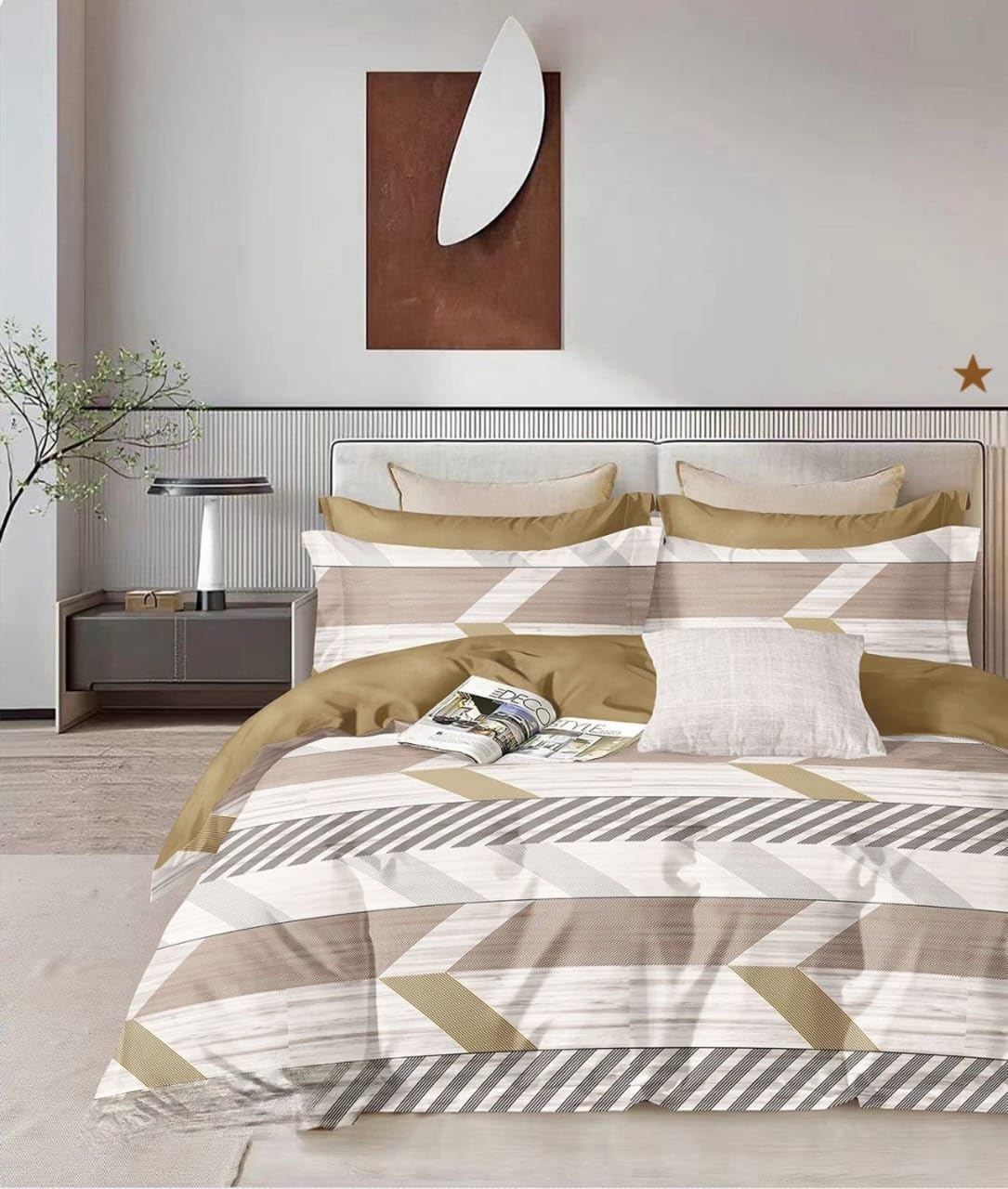 300 TC Cotton Double Bed Duvet Cover with Zipper |King Size Reversible Rajai Cover for Comforters|Dohars|Quilts|Blanket|Warm Stuff|90 * 100 in|Beige Zigzag|ASS68