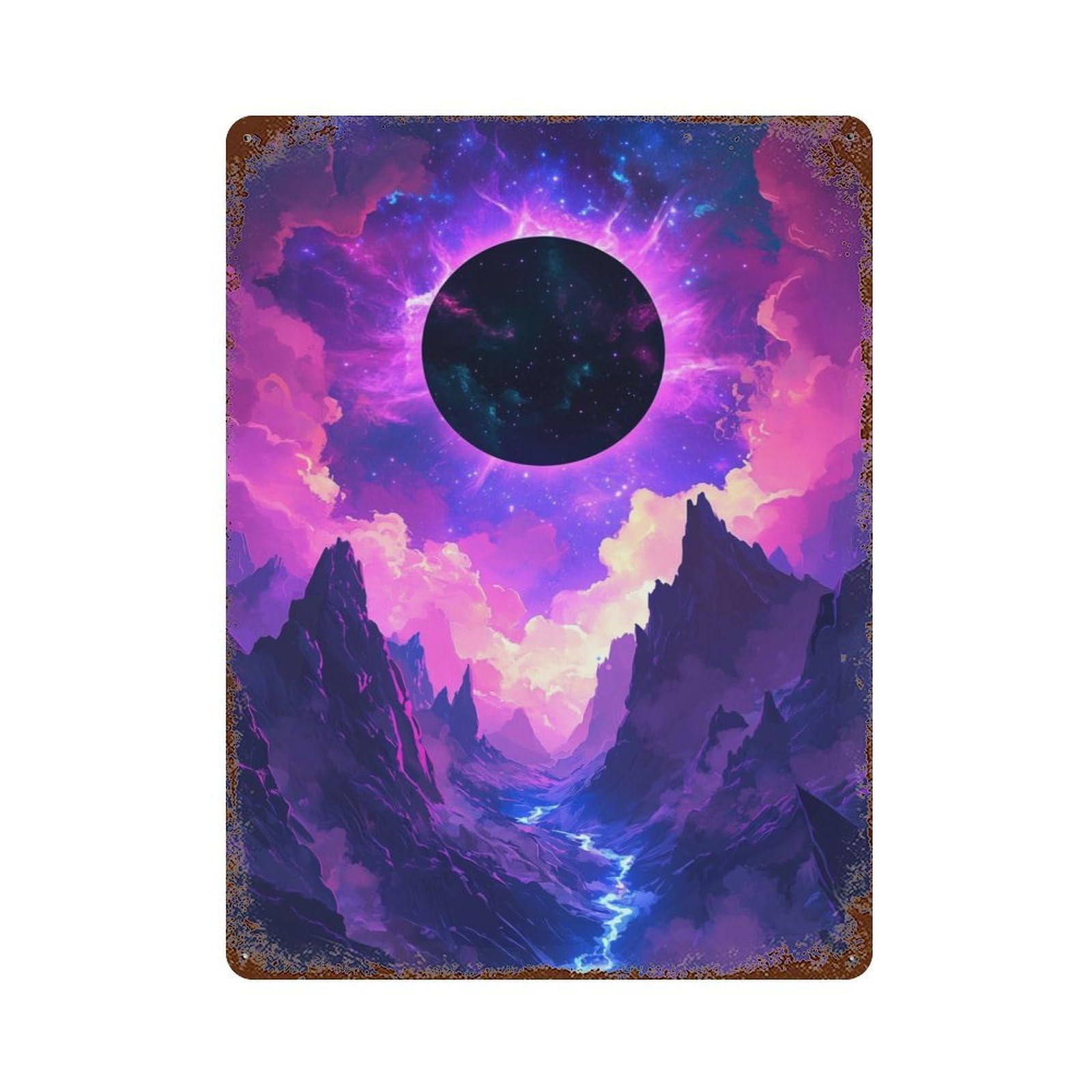Cosmic Mountain Landscape Rust Effect Tin Sign 15.7"x11.8", Novelty Wall Decor for Garage, Pub Or Kitchen