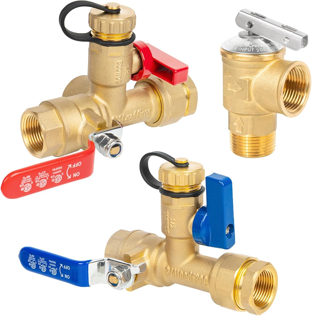 3/4 Inch IPS Isolator Tankless Water Heater Service Valve Kit, with Pressure Relief Valve, Hot Cold Water Supply Isolator Valves fit for Rheem, Rinnai, Navien