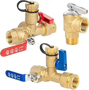 3/4 Inch IPS Isolator Tankless Water Heater Service Valve Kit, with Pressure Relief Valve, Hot Cold Water Supply Isolator Valves fit for Rheem, Rinnai, Navien
