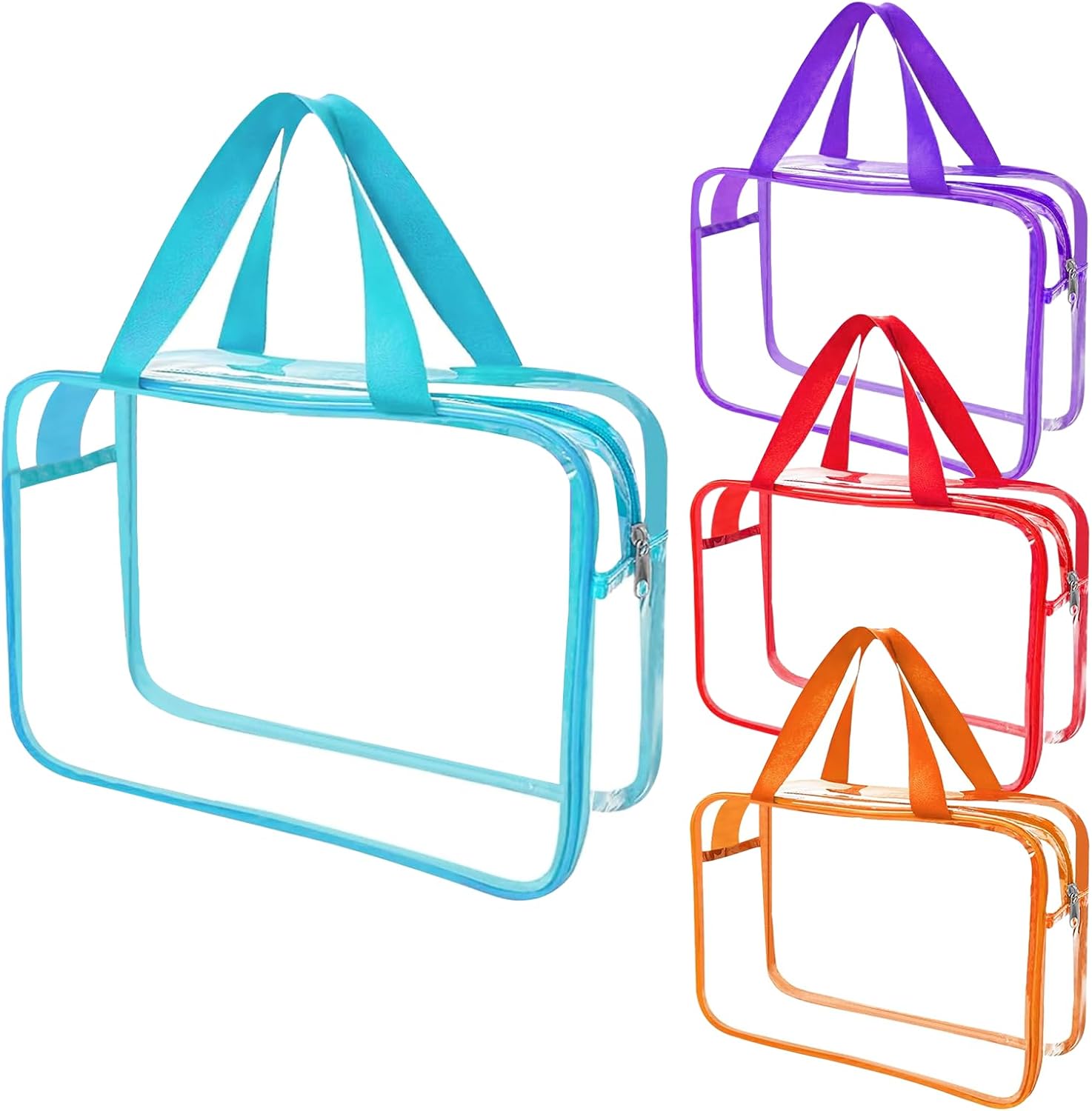 4 Pcs Multicolor Clear Makeup Bag Set 11.8"x8.8"x3.9", Thickened 0.4mm Waterproof PVC Toiletry Organizer with Metal Zipper & Handle, Reusable Storage Bag for Travel Gym Home