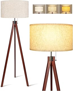 Wood Tripod Floor Lamp, 3 Color Temperatures Mid Century Modern Boho Floor Lamp, Tall Standing Lamps for Living Room Bedroom Office, Flaxen Lamp Shade with E26 Lamp Base