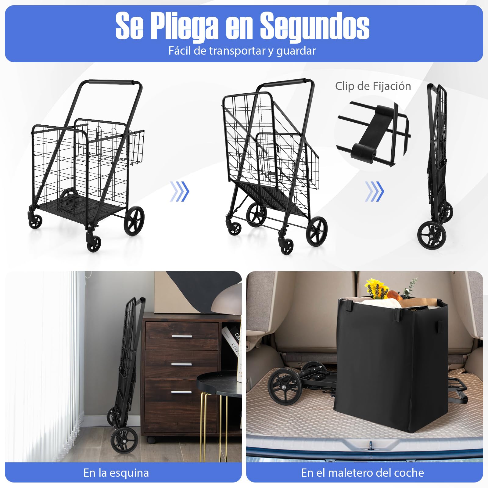 GYMAX Carro de la Compra Plegable de 126l, Carro de Supermercado con 4 Ruedas, 2 Cestas, Bolsa Oxford Impermeable Extraíble, Carga Máxima 150kg, Ideal para IR de Compras (Negro)