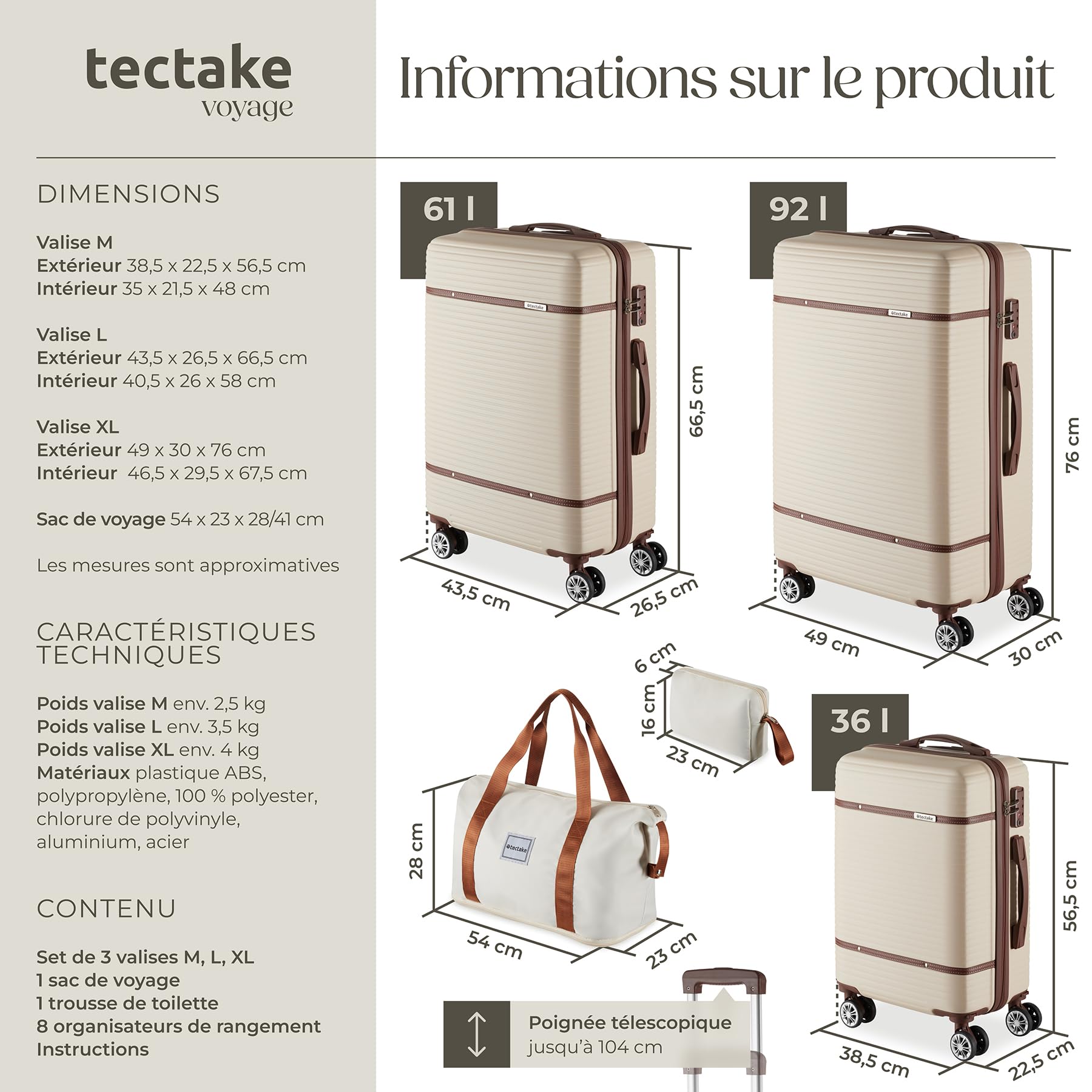 tectake® Set de Valise de Voyage 13 Pcs. Valise Grande Taille Valise soute Valise Cabine Petite Valise Sacs de Voyage Valise Maternité ABS avec roulettes 360° Poignée télescopique Cadenas TSA Solide