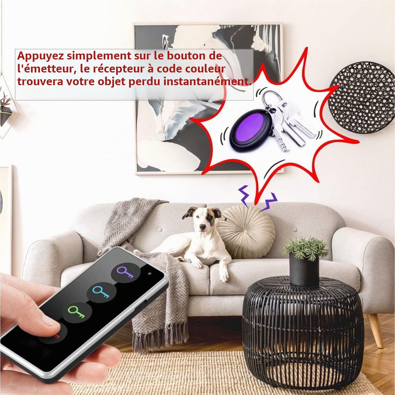 Reyke Localisateur de clés, 80 DB sans Fil RF avec portée de Travail de 39,6 m, télécommande avec Lampe de Poche LED, Support de Base pour clés, Portefeuille, téléphone et Animal Domestique