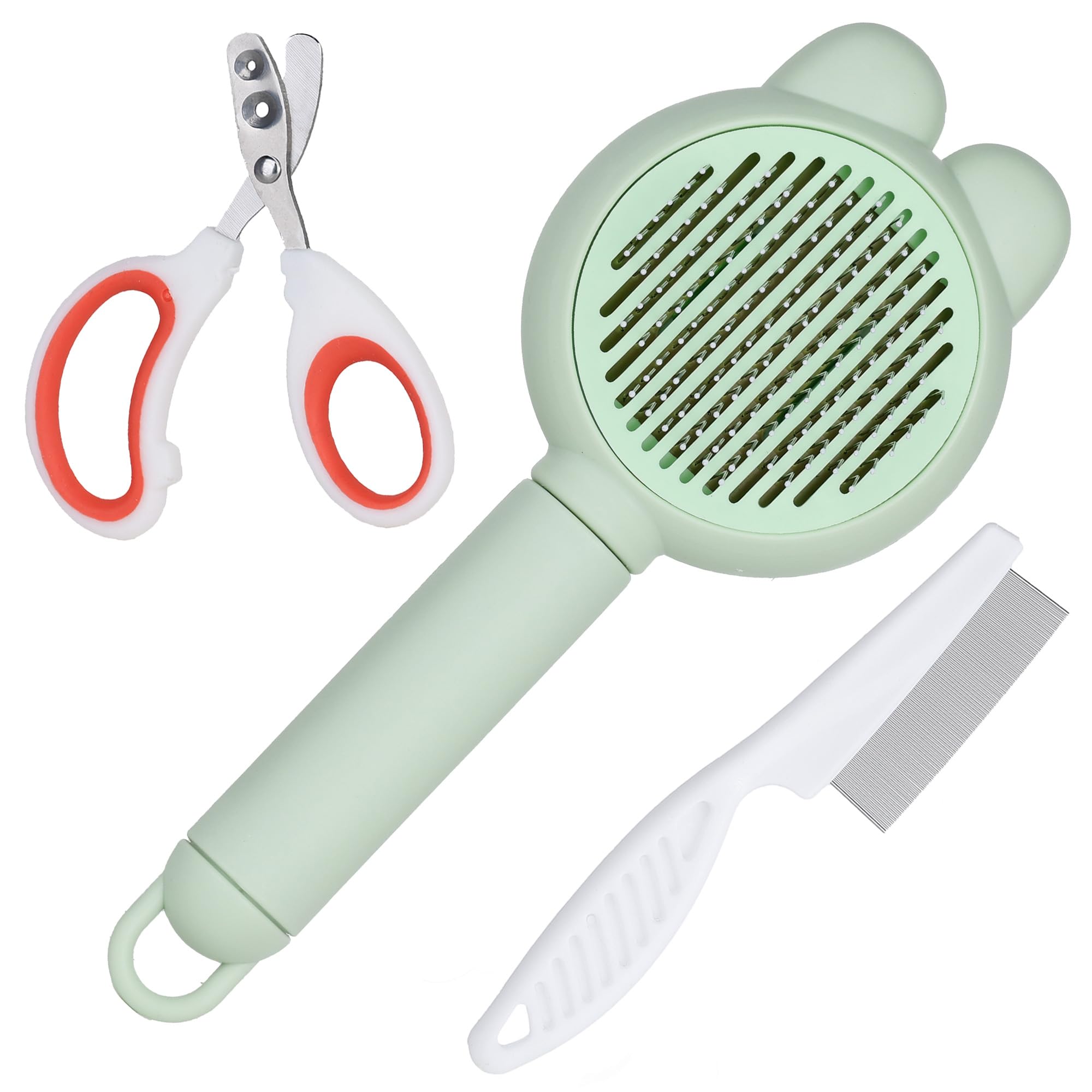 Kit de Cepillo para Perros y Gatos 3 en 1 – Cepillo Autolimpiante, Peine Fino y Cortauñas Seguro