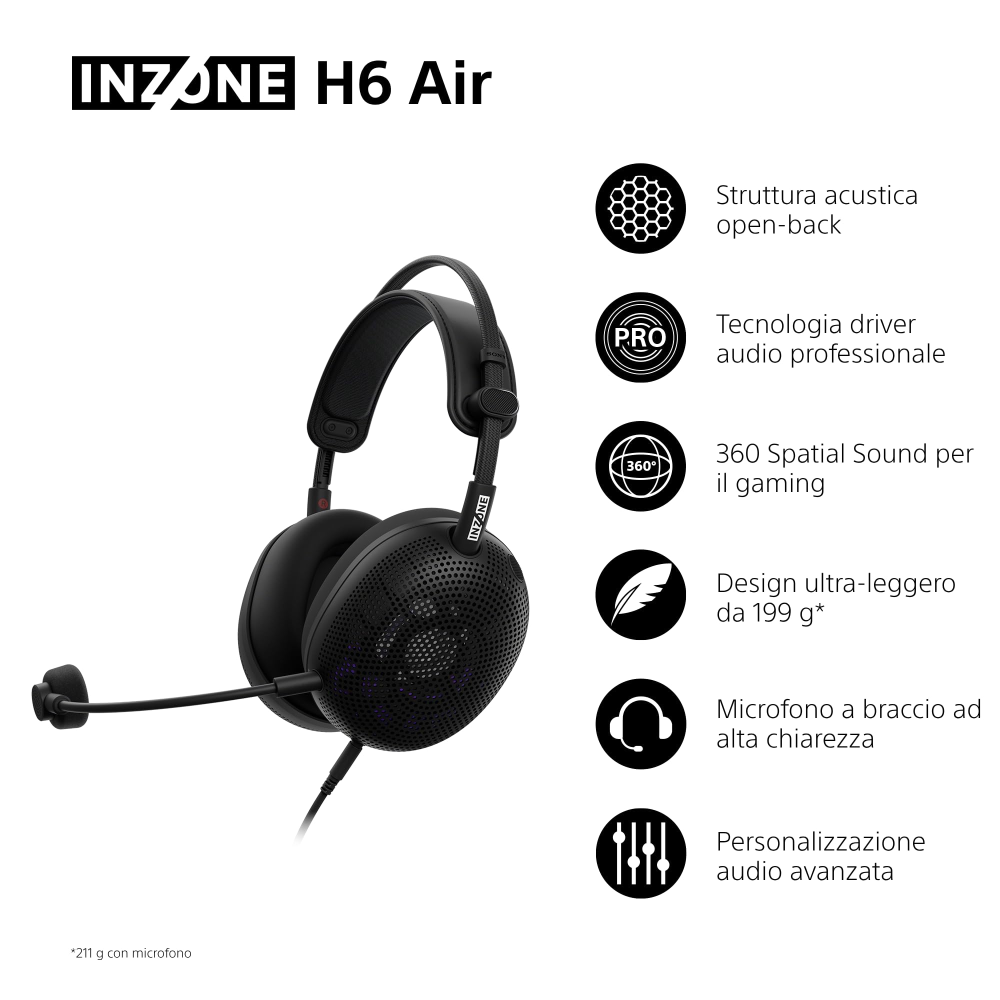 Sony INZONE H6 Air Cuffie gaming open-back cablate con 360 Spatial Sound, design ultra leggero da 199 g, microfono boom rimovibile, equalizzazione personalizzata con INZONE Hub – per PC/PS5, Black