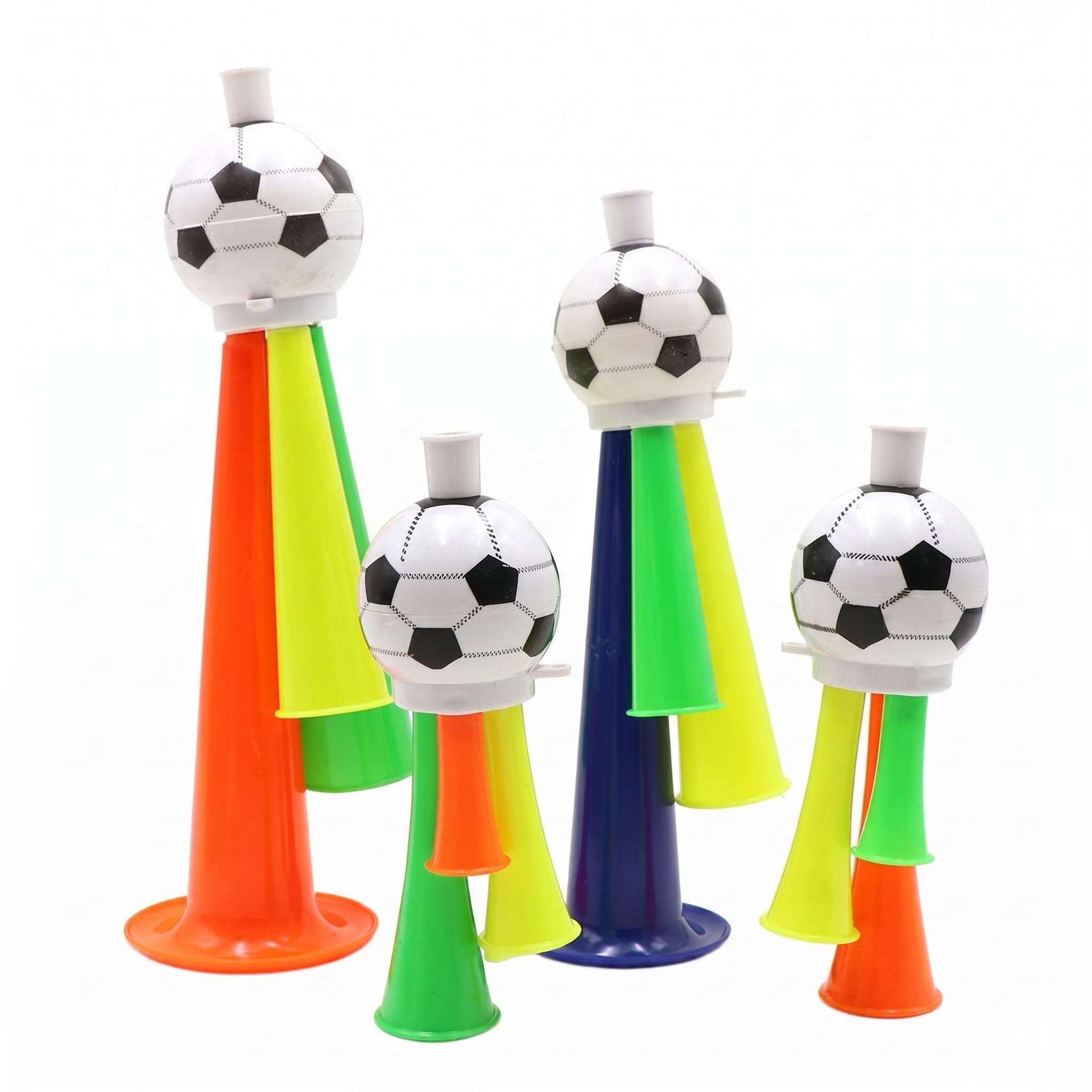 SINJAETRQ Plastic Soccer Horns for Fans, Football Fan Horn Noise Maker with Lanyards, Cheering Ball Trumpets for 2026 World Cup Stadium Sports Events and Parties, Random Assorted Colours (Medium 4PCS)