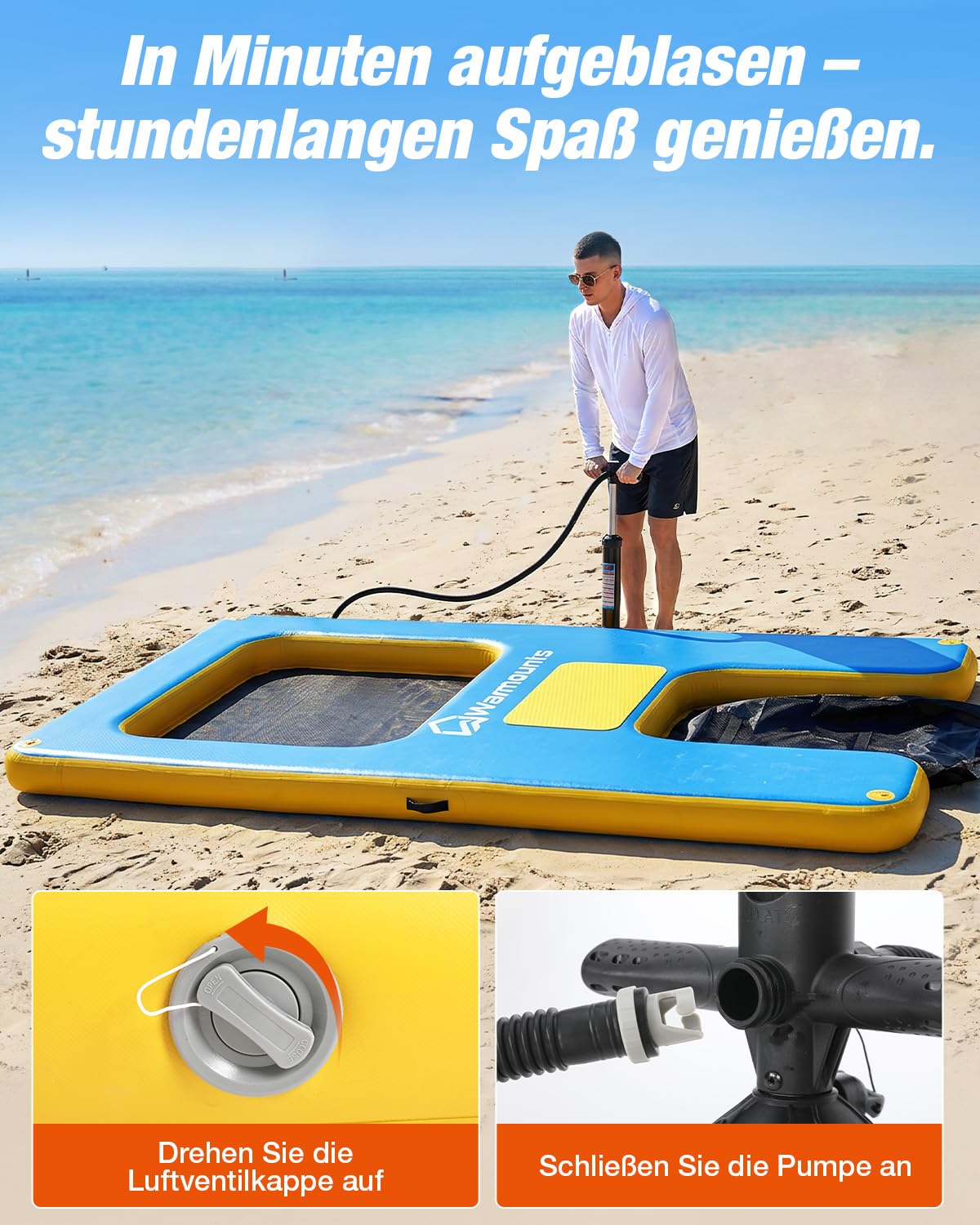 WARMOUNTS Aufblasbare Schwimminsel mit Hunderampe & Wasserhängematte, rutschfeste Schwimmplattform für See Pool Meer, Badeinsel für Erwachsene & Hunde (300x180cm, 340kg) inkl. Pumpe & Tasche