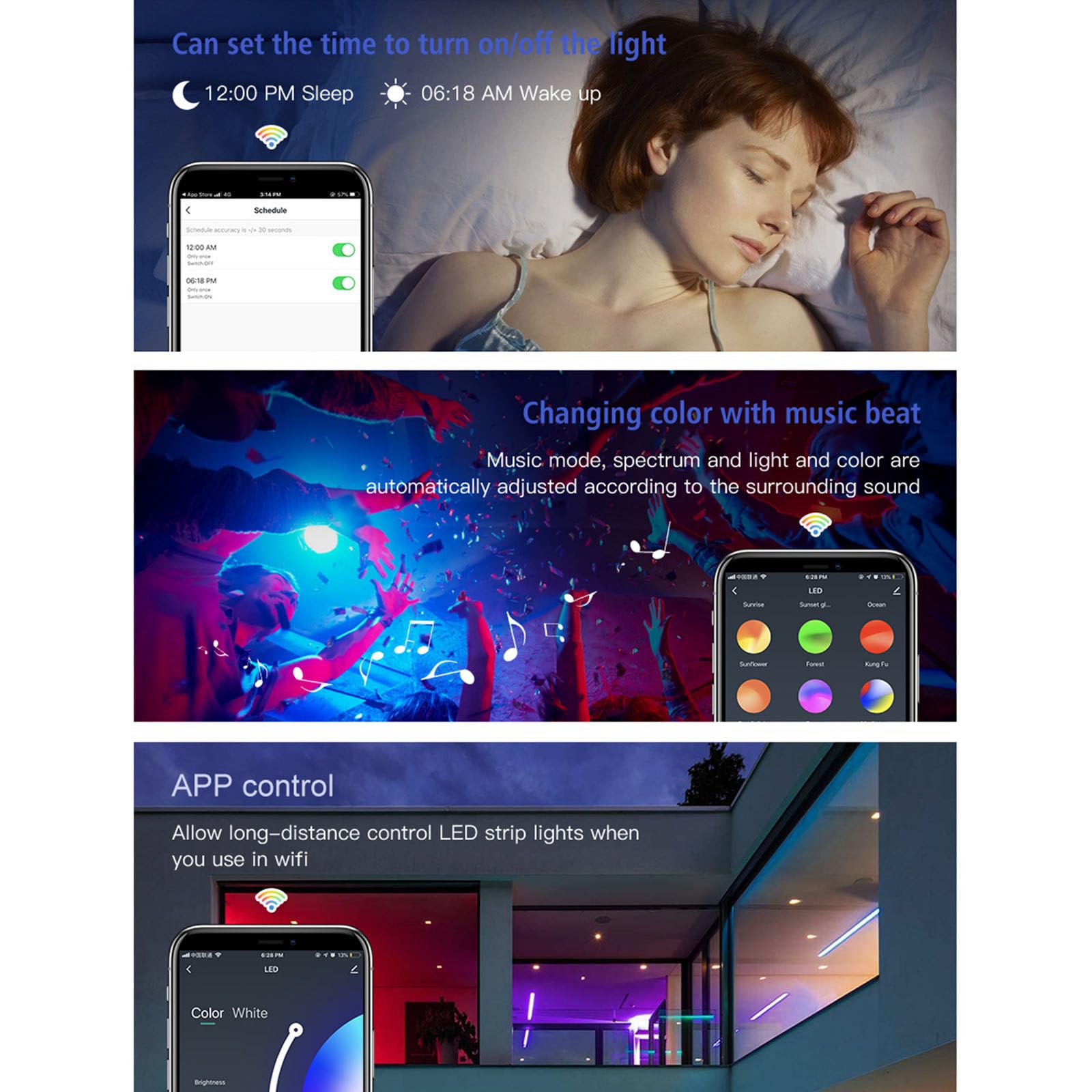 Juego de Tiras de Luces Inteligentes 5050RGB, Tira de Luces LED IP20, aplicación WiFi, Bluetooth, música, 24 Teclas, 12V, 18LM,30M