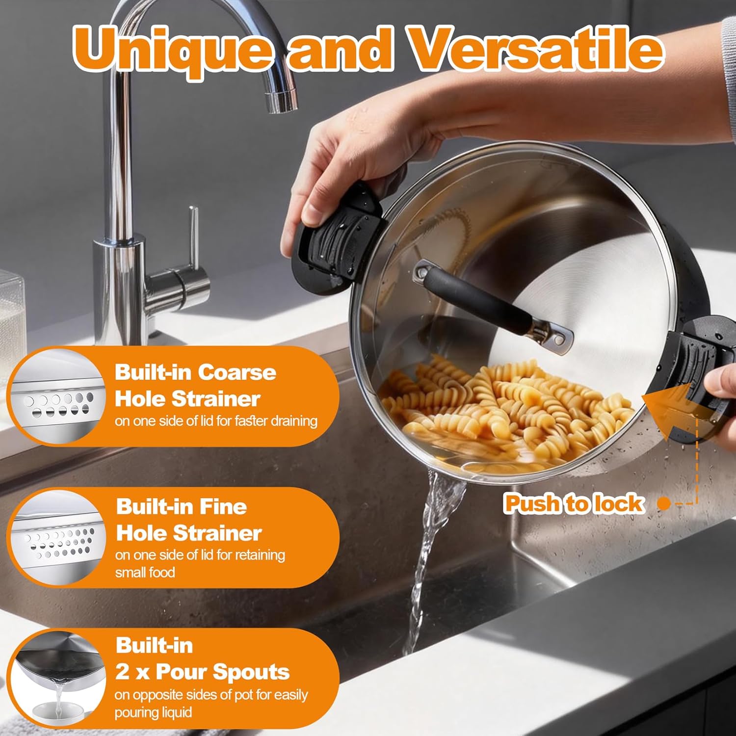 P&P CHEF Pasta Pot with Strainer Lid, 6 Quart Stainless Steel Stock Pot For Kitchen Cooking Boiling, Visible Glass lid & Heat-Proof Lockable Handles, Dishwasher Safe