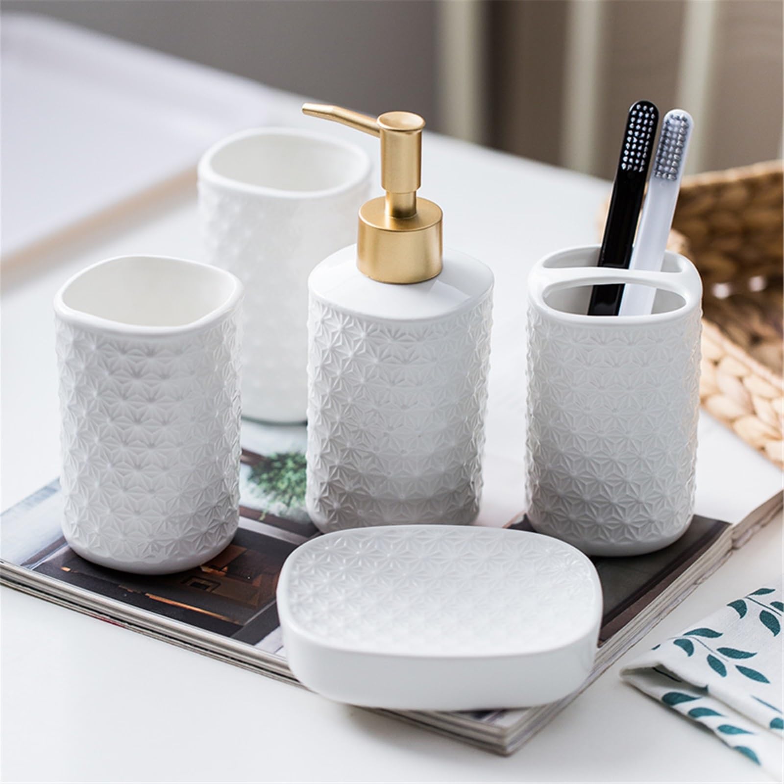 Łazienka Ceramiczny Dozownik Mydła 5 Sztuk Zestaw Do Mycia, Uchwyt Na Szczoteczkę Do Zębów Łazienka, Kubki Do Płukania Jamy Ustnej, Uchwyt na Szczoteczkę Do Zębów Butelka Dozownika Płynu