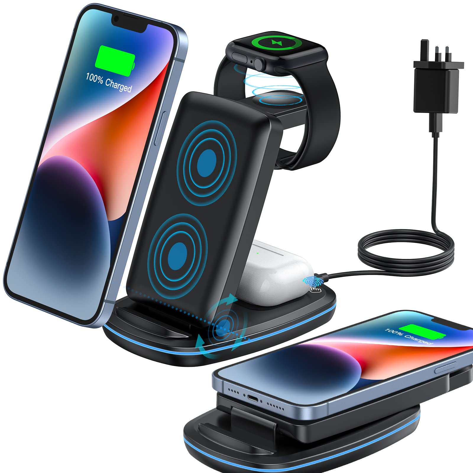 CAVN 3 in 1 Wireless Charger, Foldable Wireless Charging Station Compatible with iPhone 15/14/14 Pro/13/13 Pro Series, Wireless Charger Stand for iWatch Ultra/SE/9/8/7/6/5/4, AirPods Pro/3