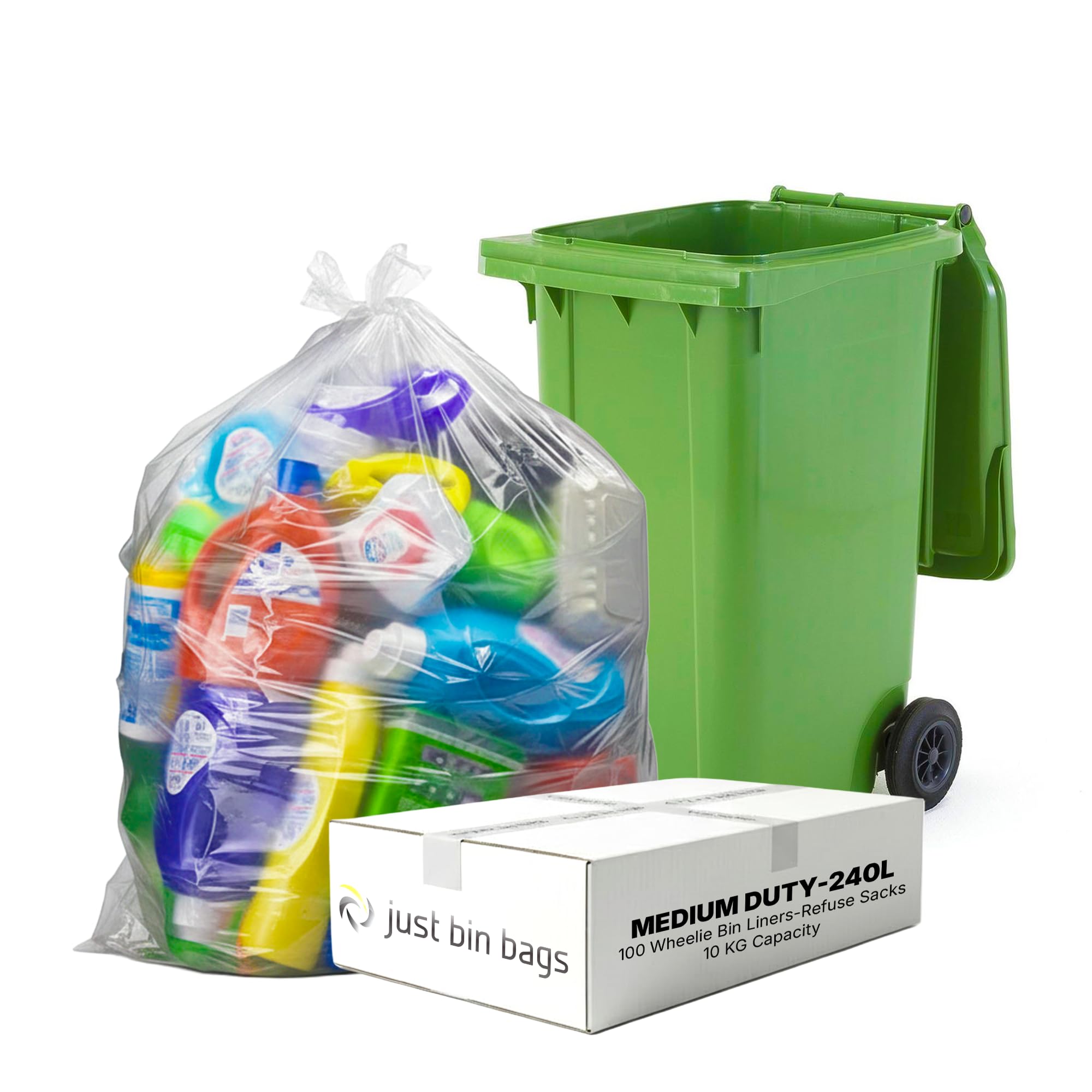 100 x 240L Clear Wheelie Bin Liners | Medium-Duty 25 Micron Transparent Refuse Sacks | Fits 240L Wheelie Bins | For Domestic & Commercial Use