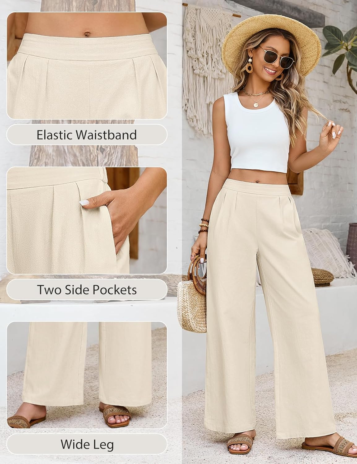Yusongirl Women's Cotton Wide Leg Pants Comfy Loose Fit Elastic Waist Palazzo Trousers with Pockets for Summer