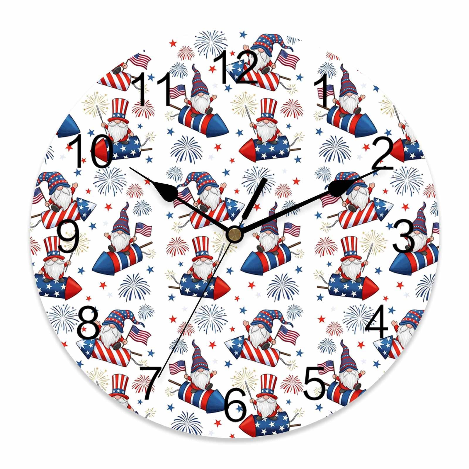 Ensound 4th of July Wall Clock Patriotic Gnome Clocks Wooden Silent Non-Ticking Battery Operated Decorative Fireworks American Flag Round Clock for Home Living Room Kitchen Bedroom Office 12 Inch