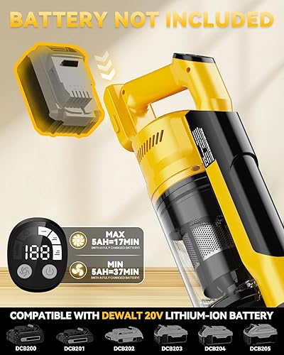 Miniatura 3 de Aspiradora inalámbrica de 350 W para batería Dewalt de 20 V, aspiradora ligera sin escobillas de 35 kPa con succión de 3 modos, aspiradora de palo 6