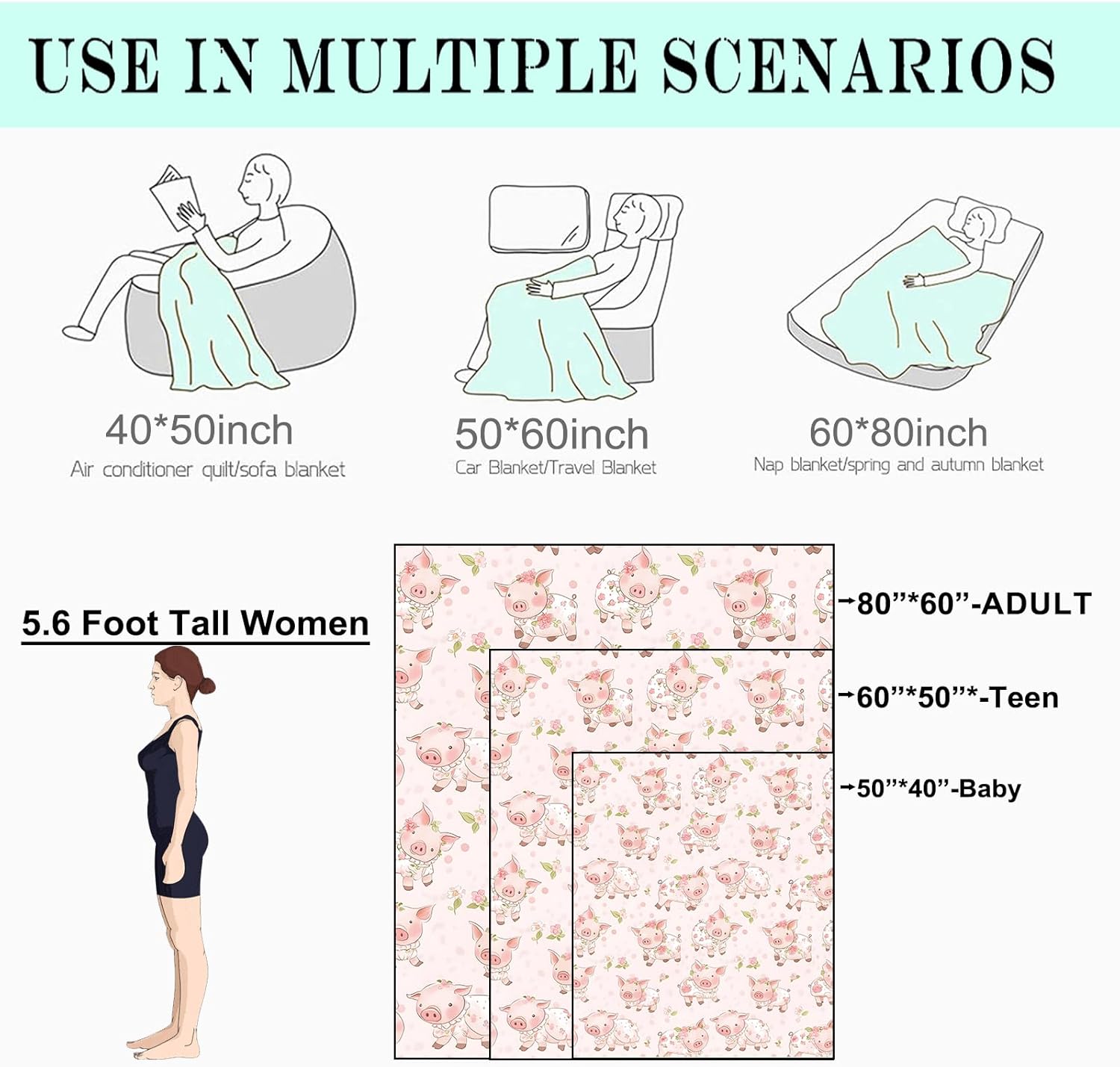 Cute Pig Blanket - 50x60in Pink Piggy Throw Blankets,Soft Cozy Lightweight, Ideal for Living Room Home Art Spring Decor and Kids Women Girls Gifts - Image 3