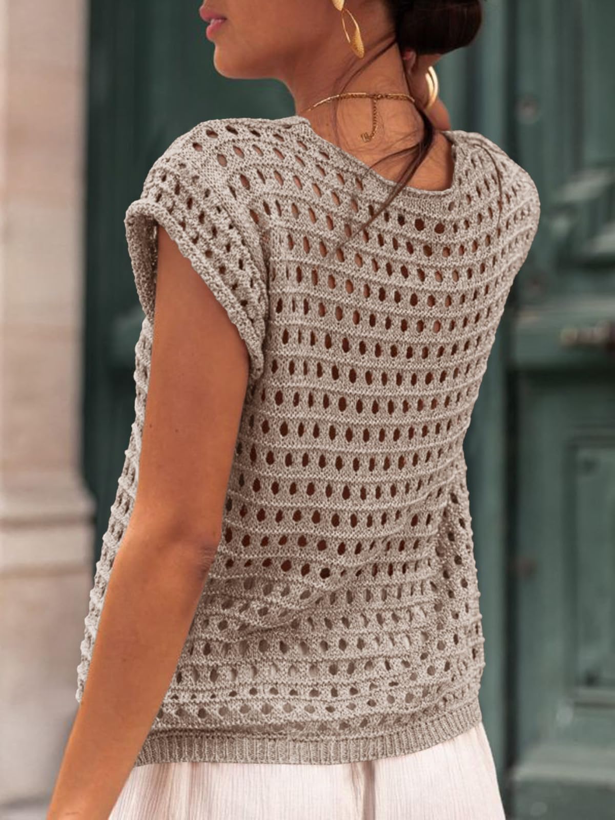Saodimallsu Cardigan estivo da donna, con scollo a V, sexy, boho, a maniche corte, aperto, a maglia, leggero, da spiaggia