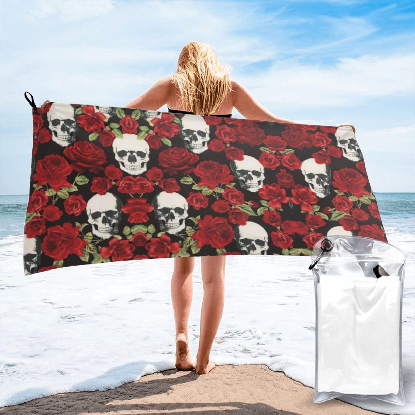 ENGhjes Rose Skull Print Camping Towel Fast Drying Bath Beach Shower Wrap For Gym Camping Vacation Adults Portable Gift