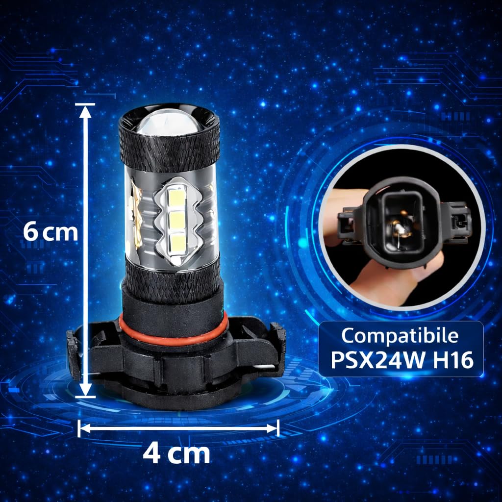 Coppia Luci Diurne DRL 21 LED PSX24W H16 Compatibile Con Jeep Compass - Fendinebbia Compatibile con Peugeot 208 2008 5008 Renault Clio IV 4 Lampadine (PSX24W - H16)