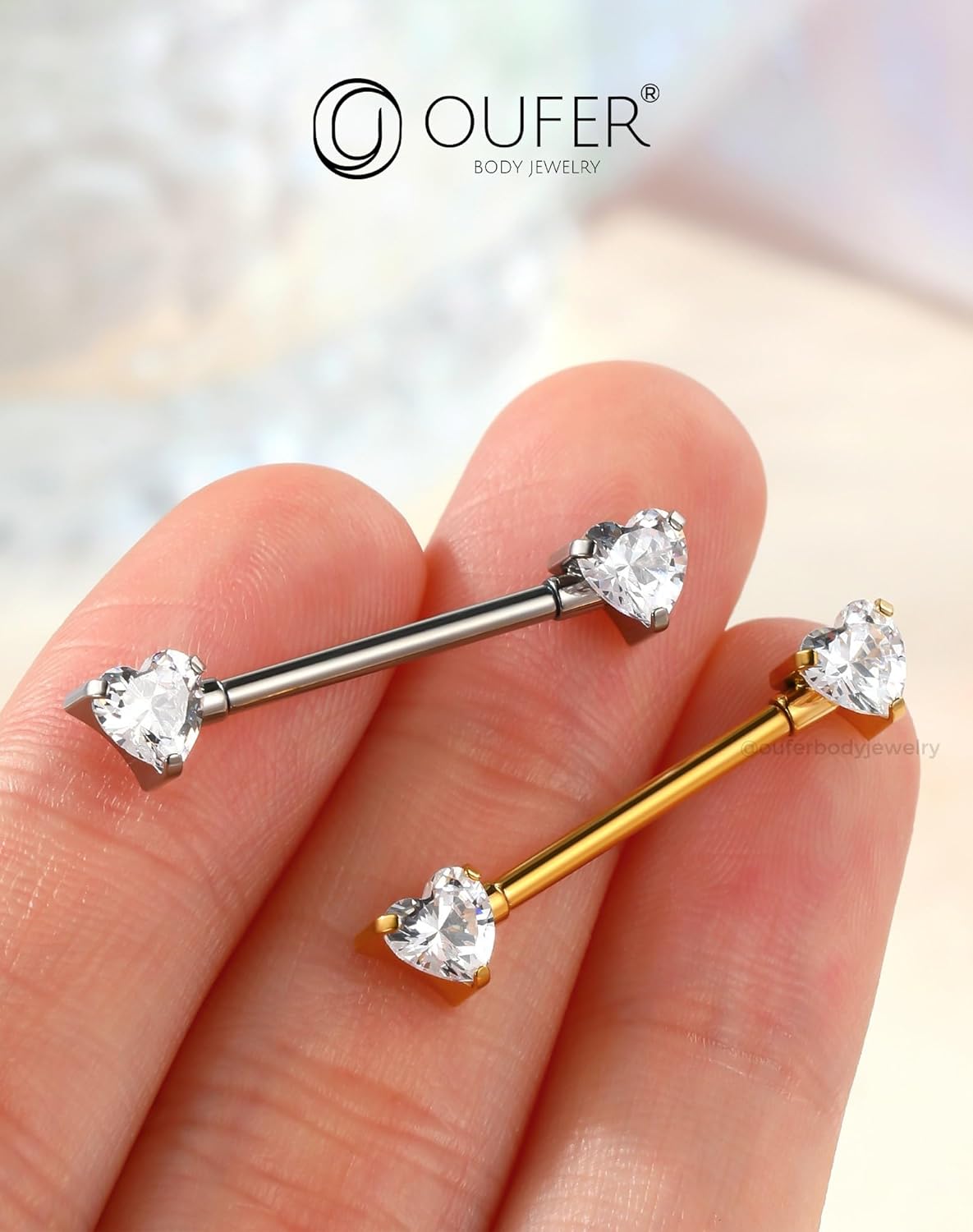 OUFER G23 Titanium Nipple Rings for Women, Internally Threaded 14g Nipple Piercing Jewelry,Heart CZ Gold Bridge Piercing 14/16mm - Image 5