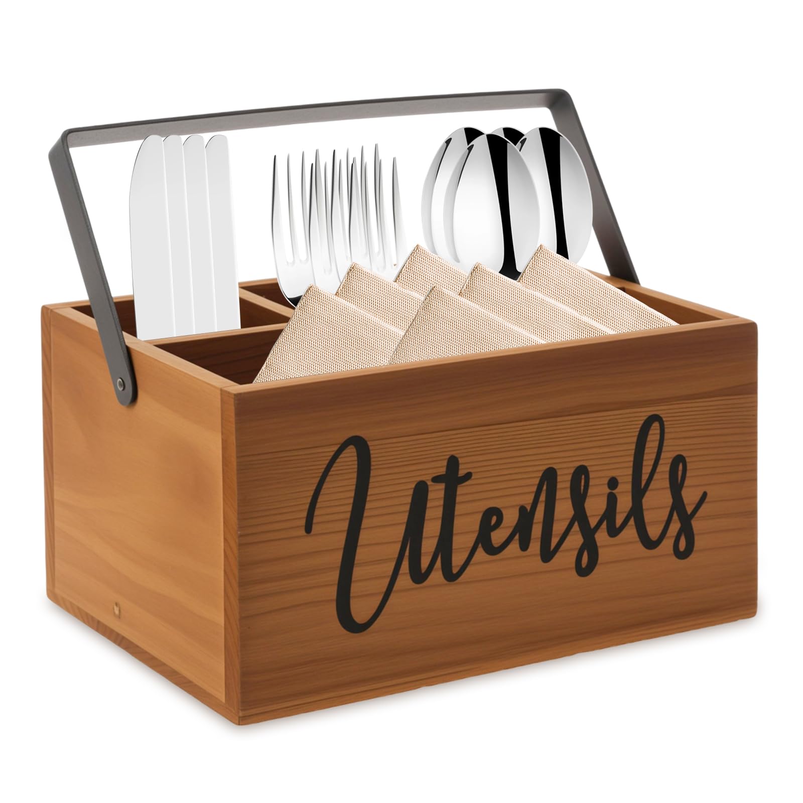 LuLobtg Kitchen Utensils Holder, Wooden Tote Silverware Organizer Rack with 4 Compartments and Carry Handle, Wood Cutlery Storage Caddy, Cooking Tools Storage Stand for Countertop(Brown)