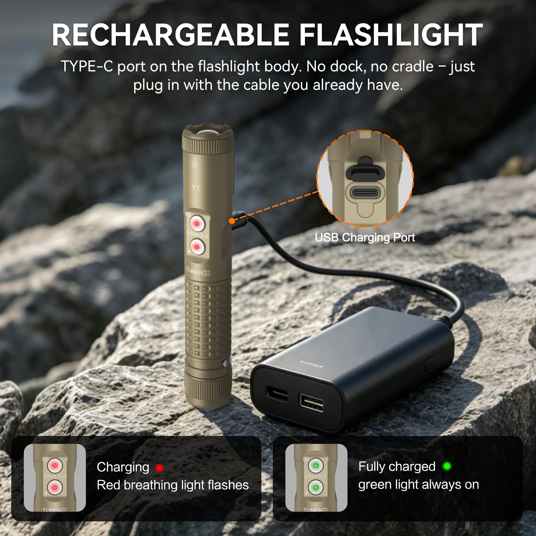 Y1 1200LM EDC torcia elettrica zoomable ricaricabile, luce bianca e