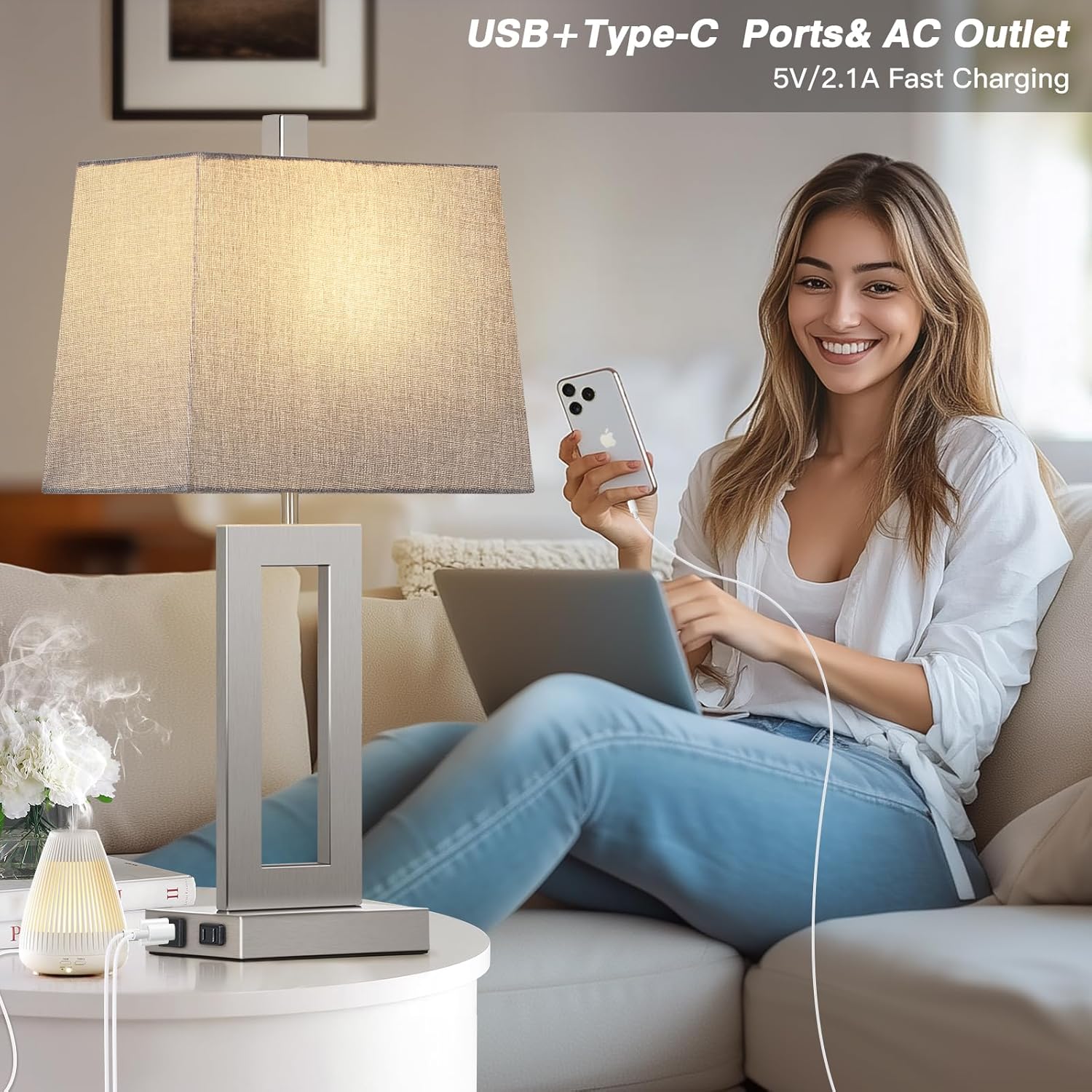 Touch Control Table Lamp Set of 2, Modern Silver Bedside Lamps with USB C+A Ports & AC Outlet, 3 Way Dimmable Bedroom Lamps for Night Stands Bedroom Living Room,Nightstand Lamp