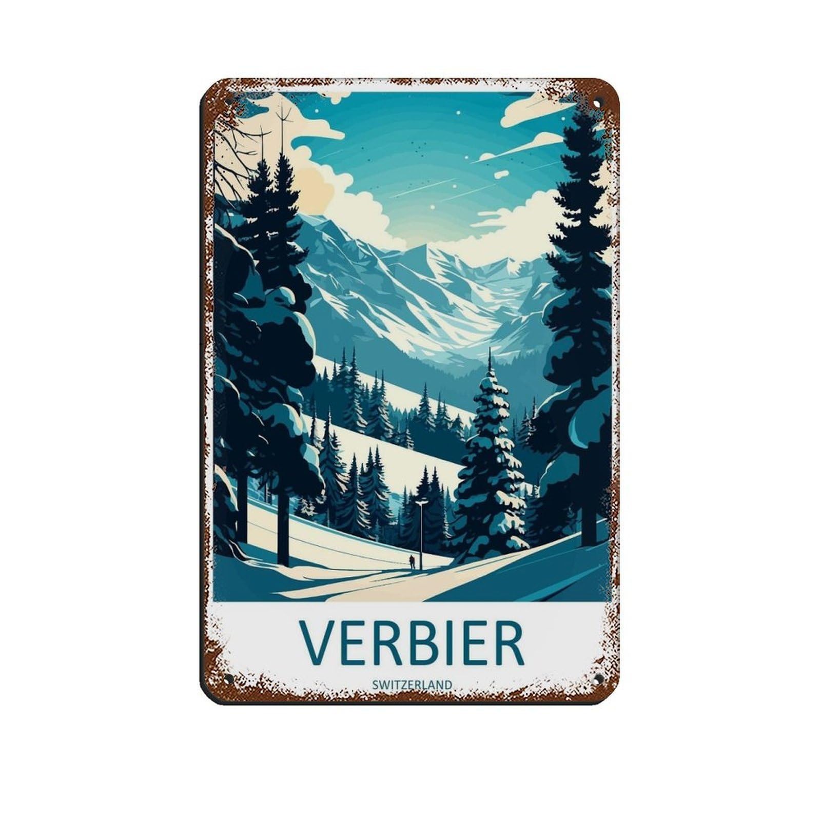 Verbier Travel Art Ski Art Lover Gift (3) Retro Poster Metal Tin Sign Chic Art Retro Iron Painting Bar People Cave Cafe Family Garage Poster Wall Decoration 8x12inch(20x30cm)