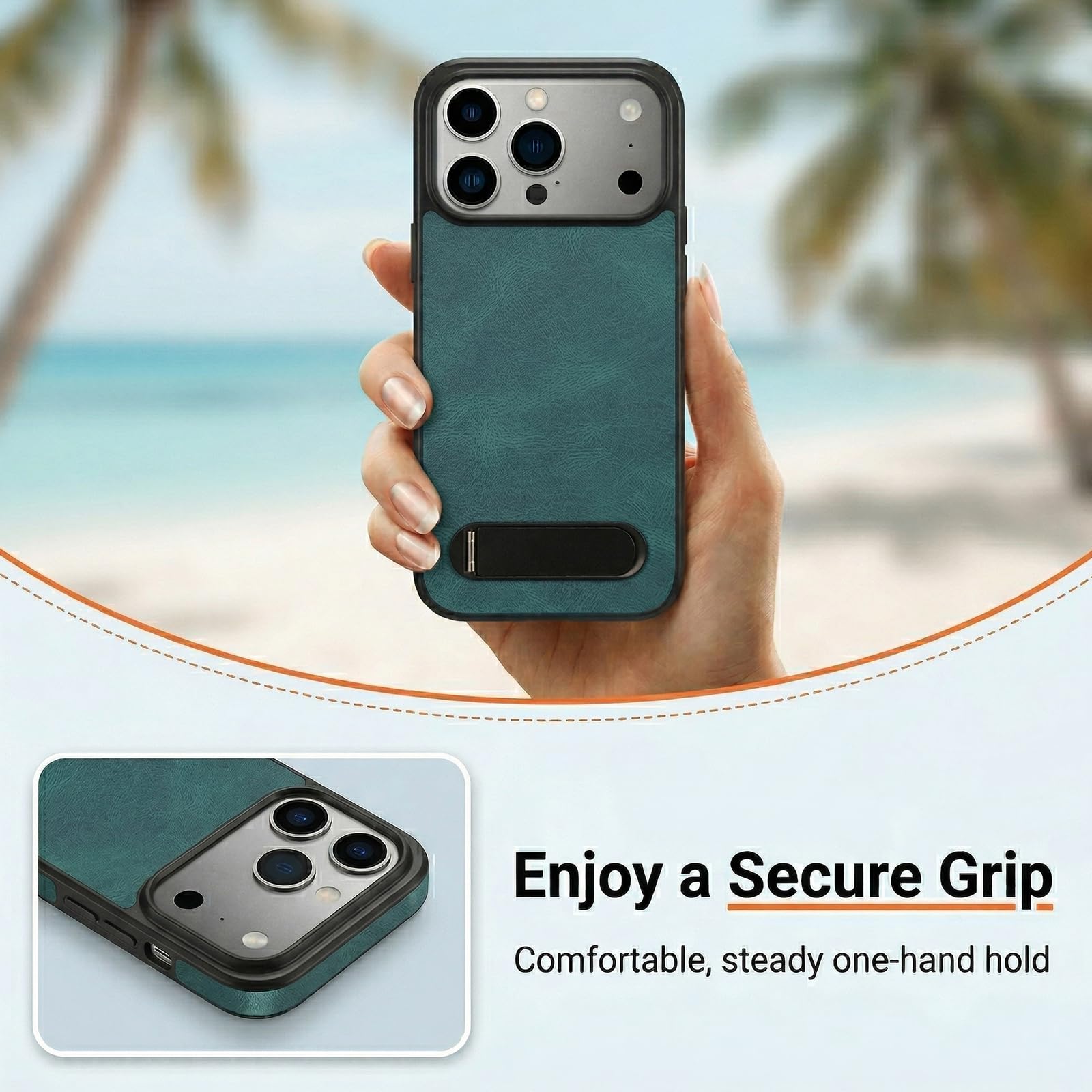 Funda de Cuero PU Vintage para iPhone 17 Pro, Carcasa con Soporte Plegable y Anillo Magnético Integrado, Diseño Delgado Anti-Choque, Agarre Cómodo, Negro