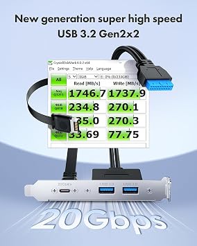 ineo USB 3.2 Gen 2x2 Type-C Front Panel Adapter with PCIe Bracket, 20Gbps USB-C Dual USB A 3.0 Ports Motherboard Header Extension Cable with Type-E Key-A 20 Pin and 19 Pin Connector